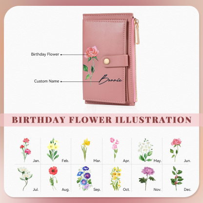 Personalized Women's Wallet Custom Name and Birthflower Leather Wallet for Grandma | Jessmade