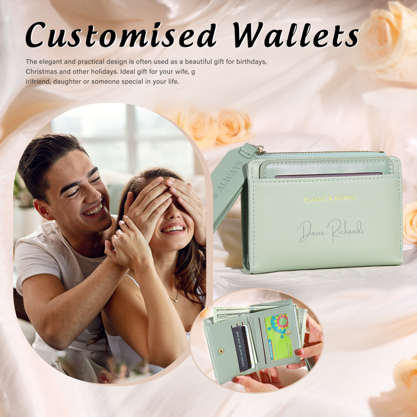 Personalized Women's Wallet Custom Name and 2 Text Leather Wallet for Her | Jessmade