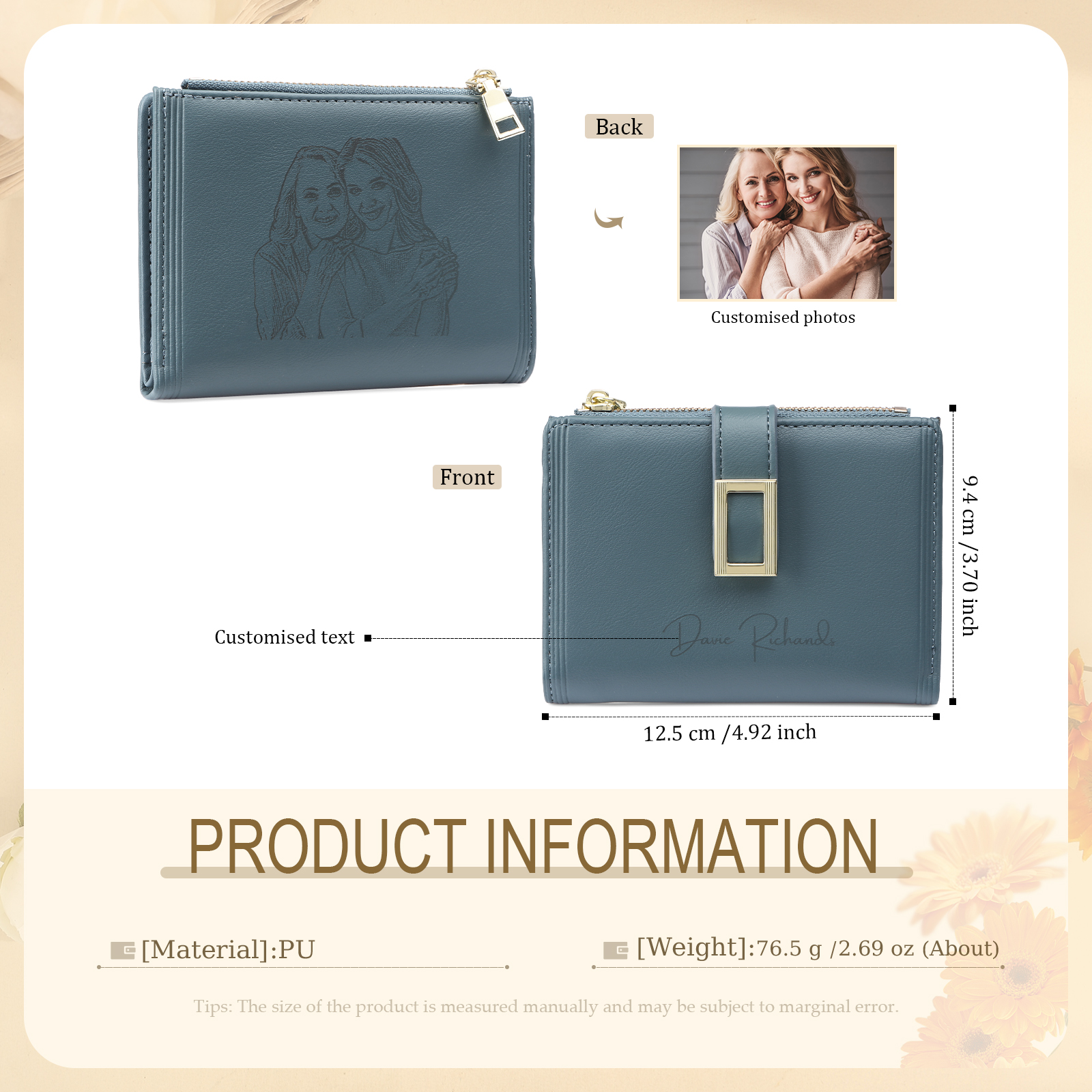 Personalized Women's Wallet Custom Text and Photo Leather Folding Zipper Wallet for Her | Jessmade