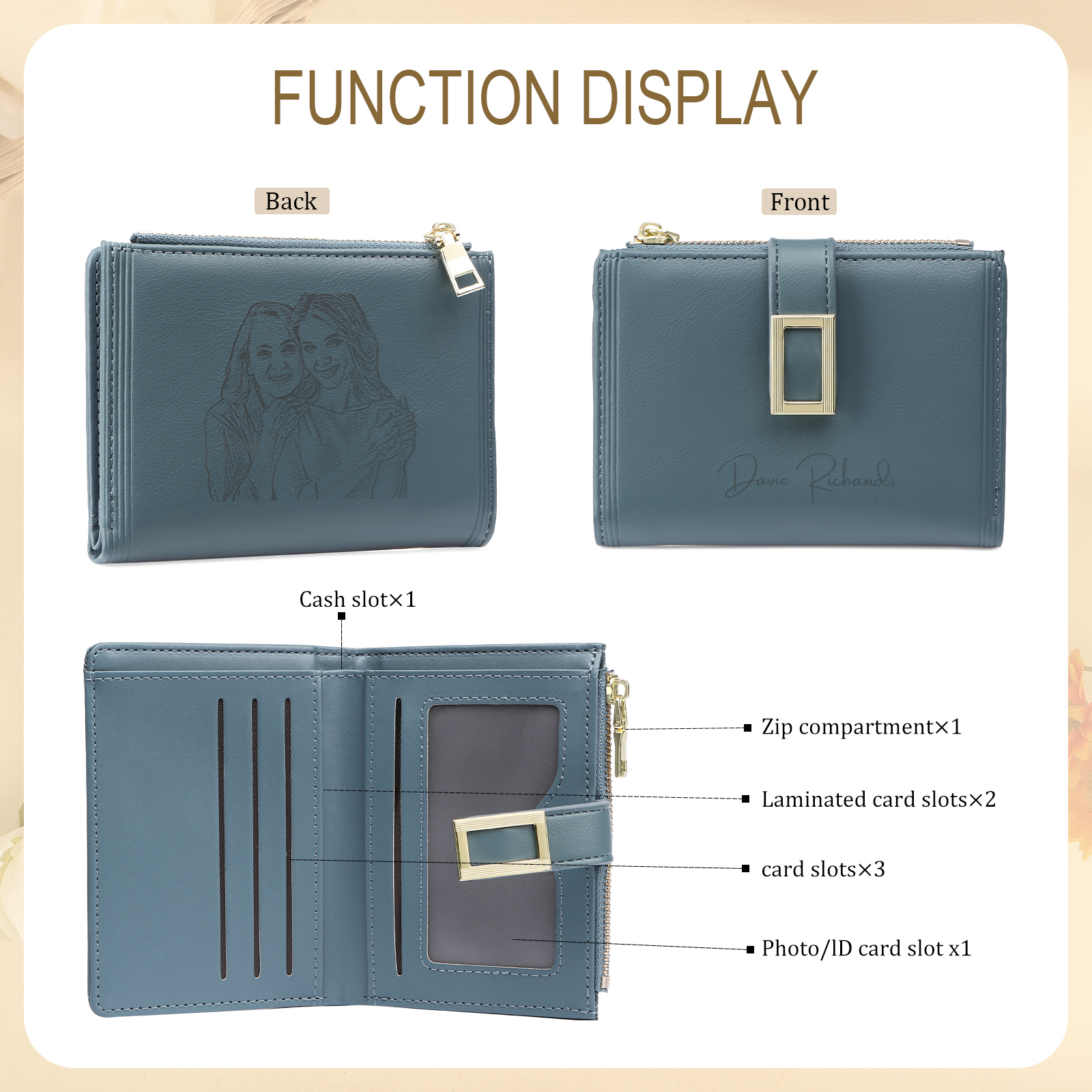 Personalized Women's Wallet Custom Text and Photo Leather Folding Zipper Wallet for Her | Jessmade