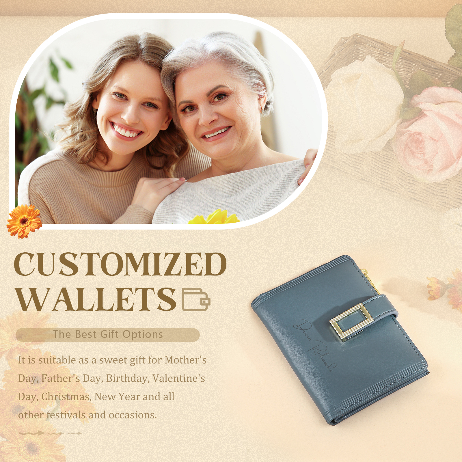 Personalized Women's Wallet Custom Text and Photo Leather Folding Zipper Wallet for Her | Jessmade