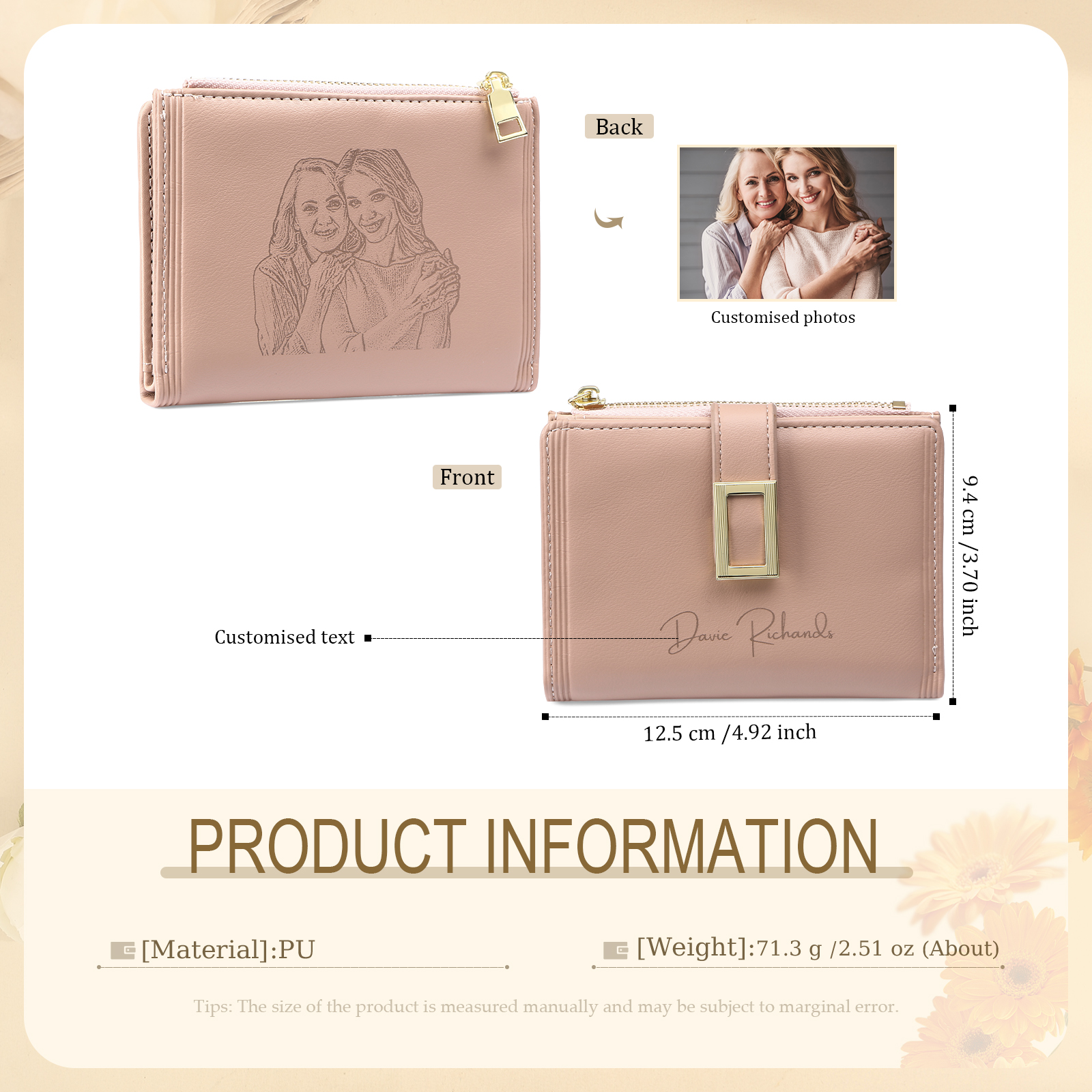 Personalized Women's Wallet Custom Text and Photo Leather Folding Zipper Wallet for Her | Jessmade
