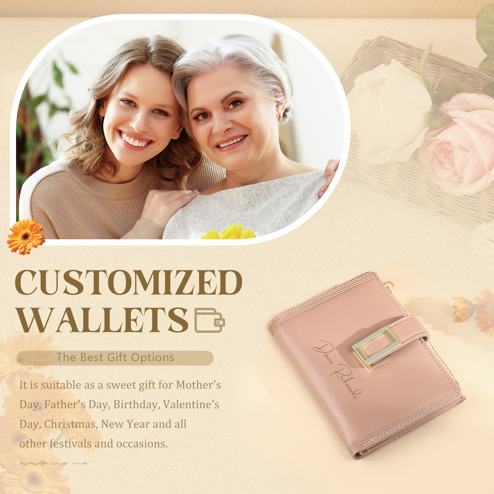 Personalized Women's Wallet Custom Text and Photo Leather Folding Zipper Wallet for Her | Jessmade