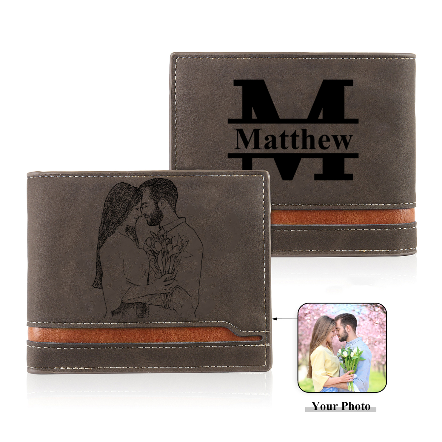 Personalised Men's Wallet - Custom Photo and Name in Brown - Christmas