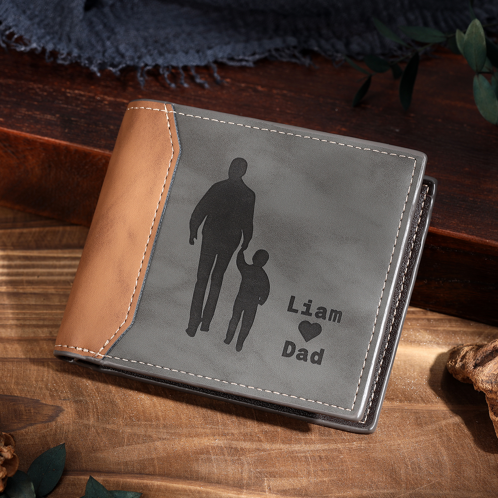 2 Names & 1 Photo Personalised PU Leather Wallet for Dad – Custom Name Family Gift with Silhouette Design | Jessemade