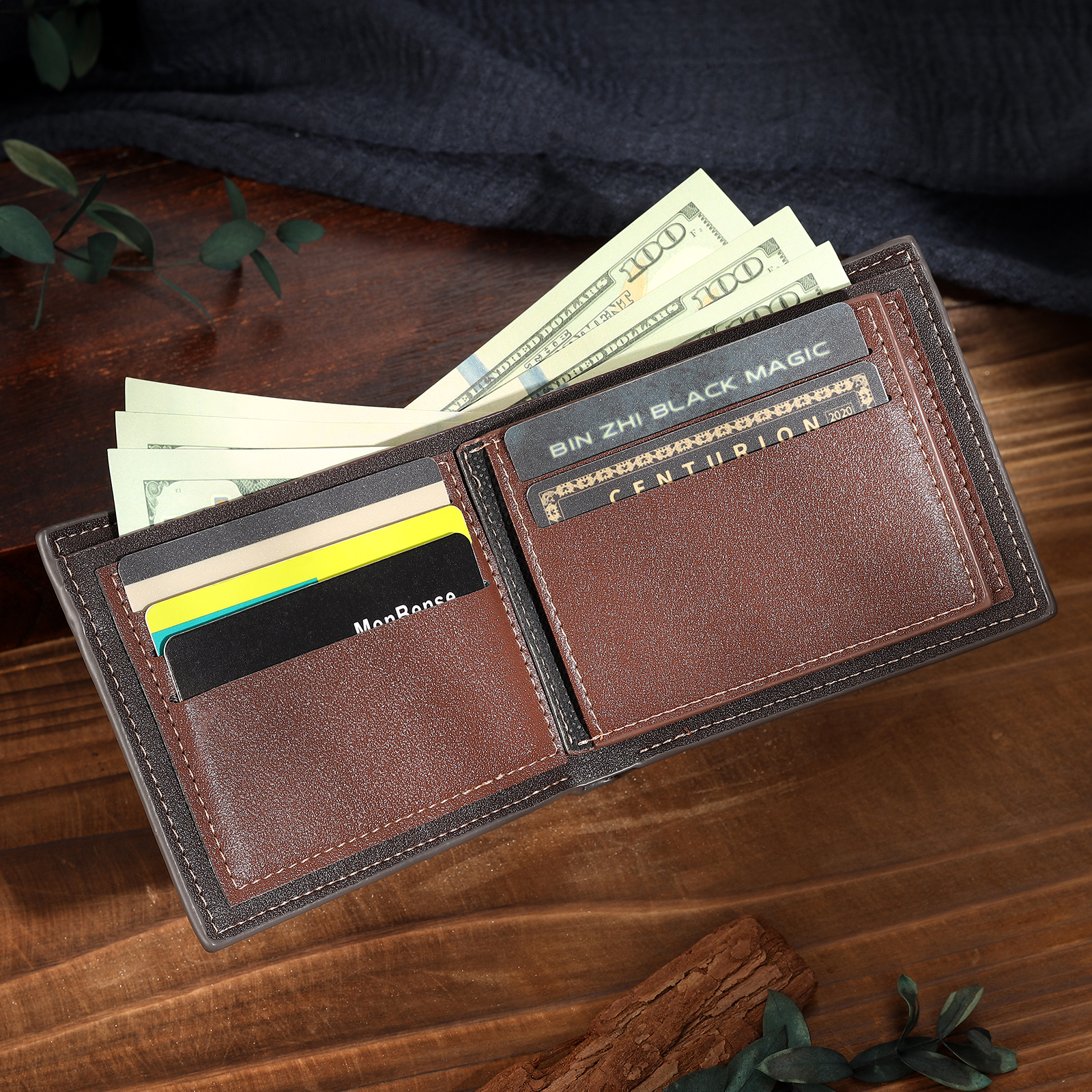 2 Names & 1 Photo Personalised PU Leather Wallet for Dad – Custom Name Family Gift with Silhouette Design | Jessemade