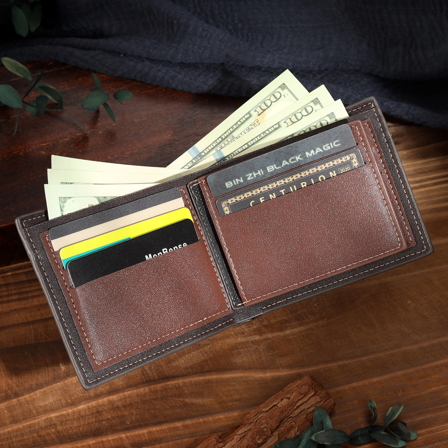 2 Names & 1 Photo Personalised PU Leather Wallet for Dad – Custom Name Family Gift with Silhouette Design | Jessemade