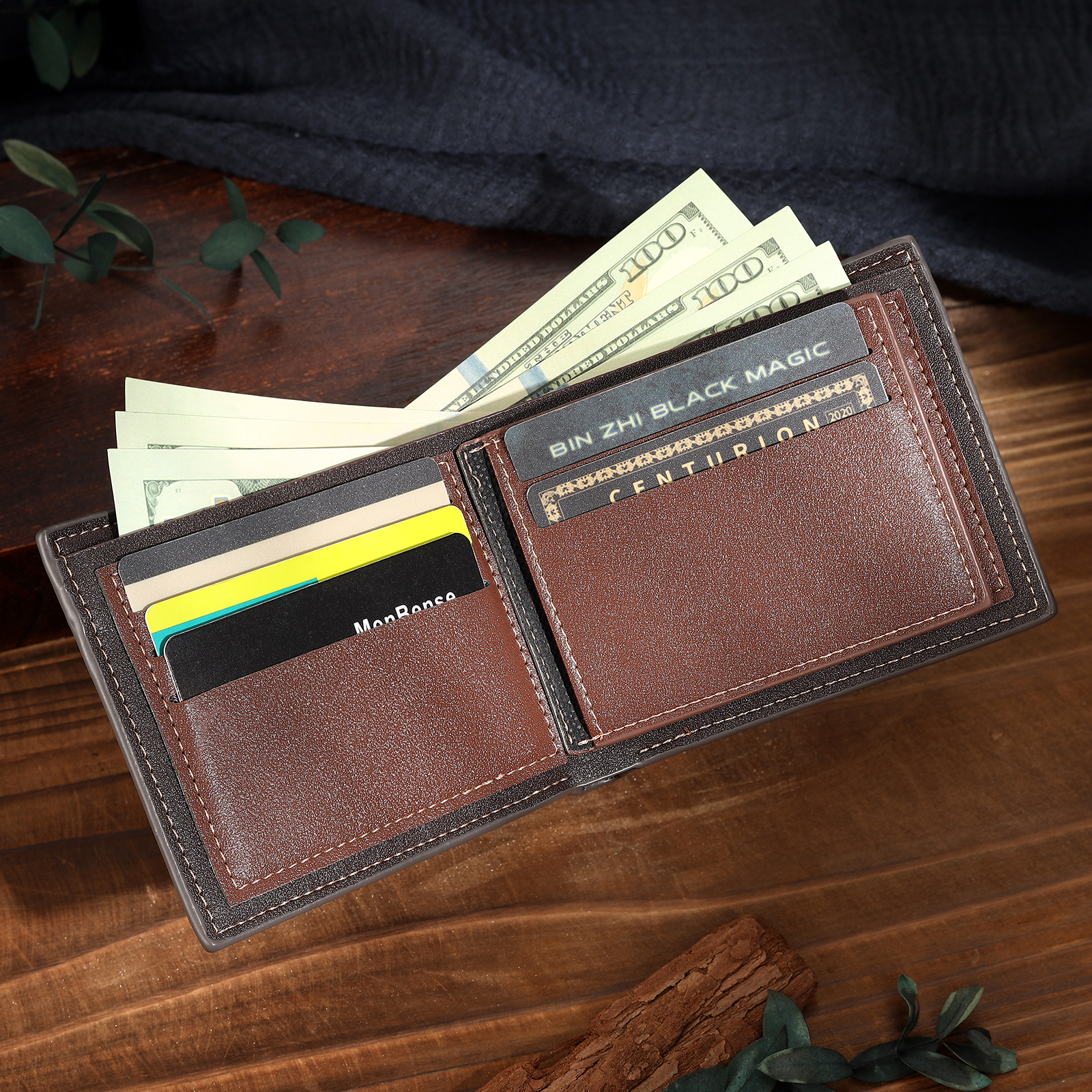 2 Names & 1 Photo Personalised PU Leather Wallet for Dad – Custom Name Family Gift with Silhouette Design | Jessemade