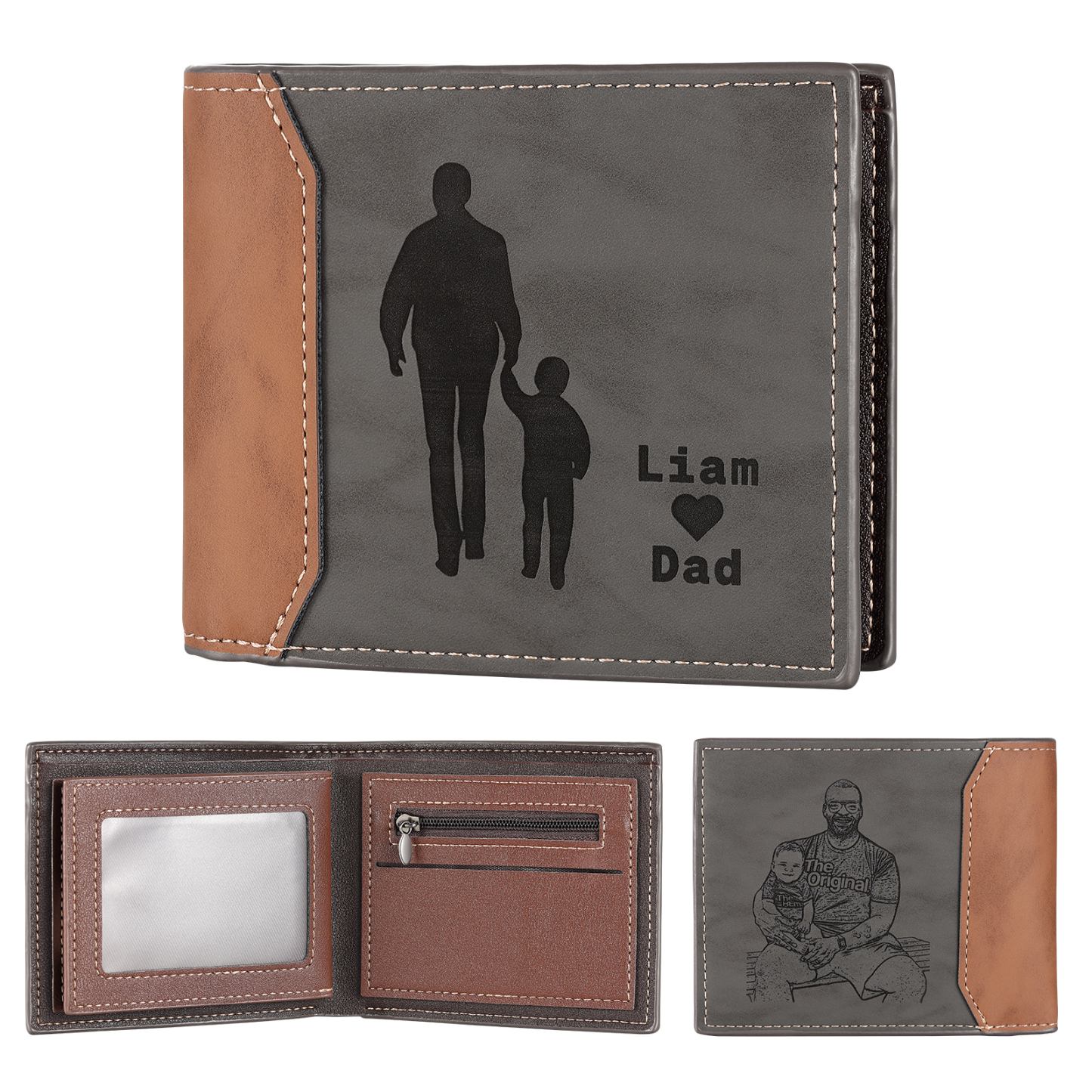 2 Names & 1 Photo Personalised PU Leather Wallet for Dad – Custom Name Family Gift with Silhouette Design | Jessemade