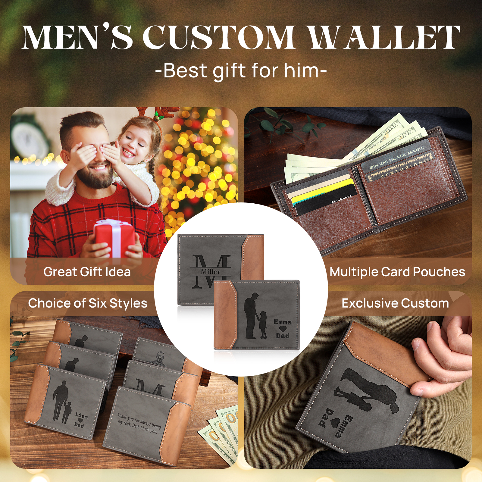 3 Names & 1 Letter Personalised PU Leather Wallet for Dad – Custom Name Family Gift with Silhouette Design | Jessemade