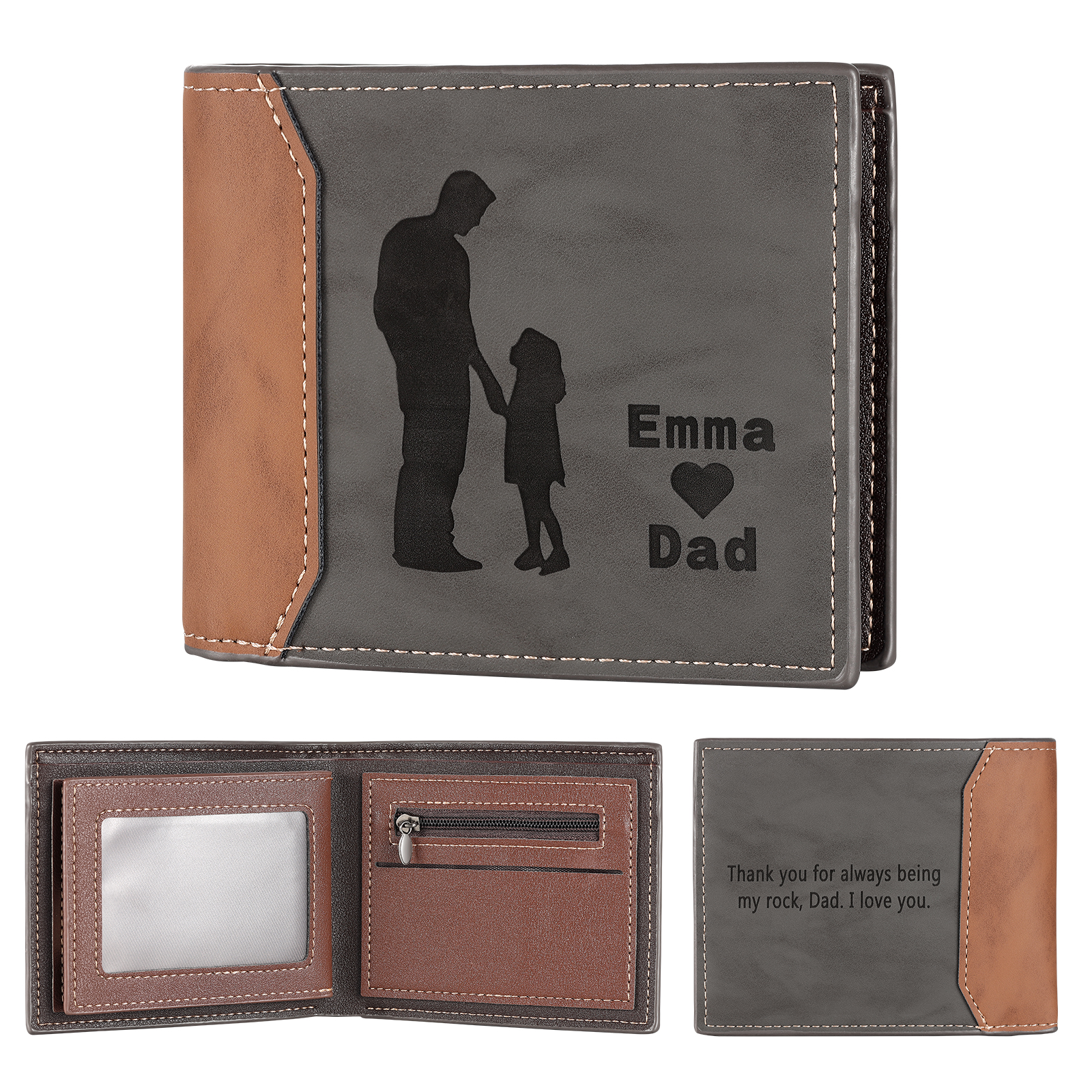 2 Names & 1 Text Personalised PU Leather Wallet for Dad – Custom Name Family Gift with Silhouette Design | Jessemade