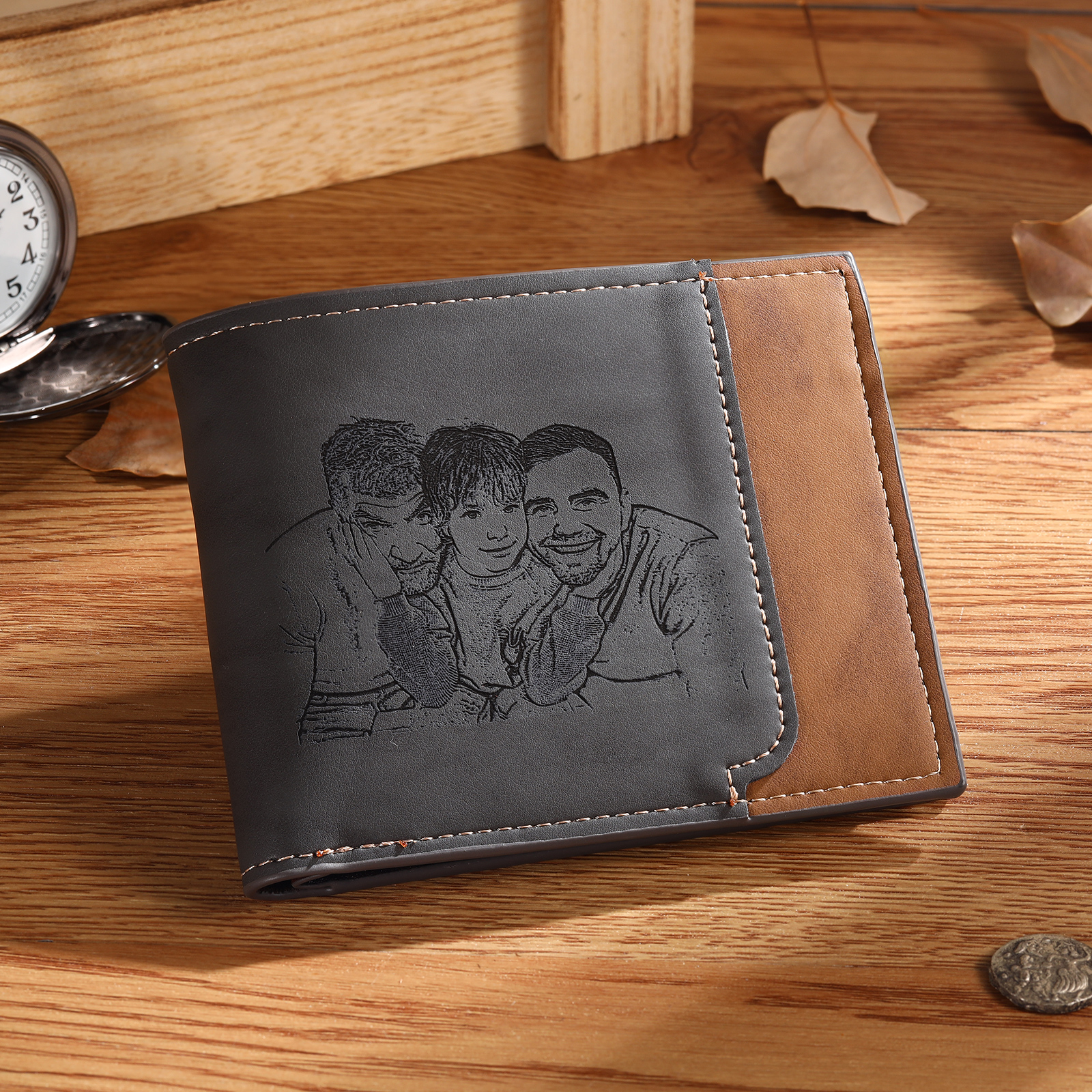 Personalised Men's Leather Wallet with Custom Photo & Name & Letter - Christmas Gift for Dad/Grandad | Jessemade
