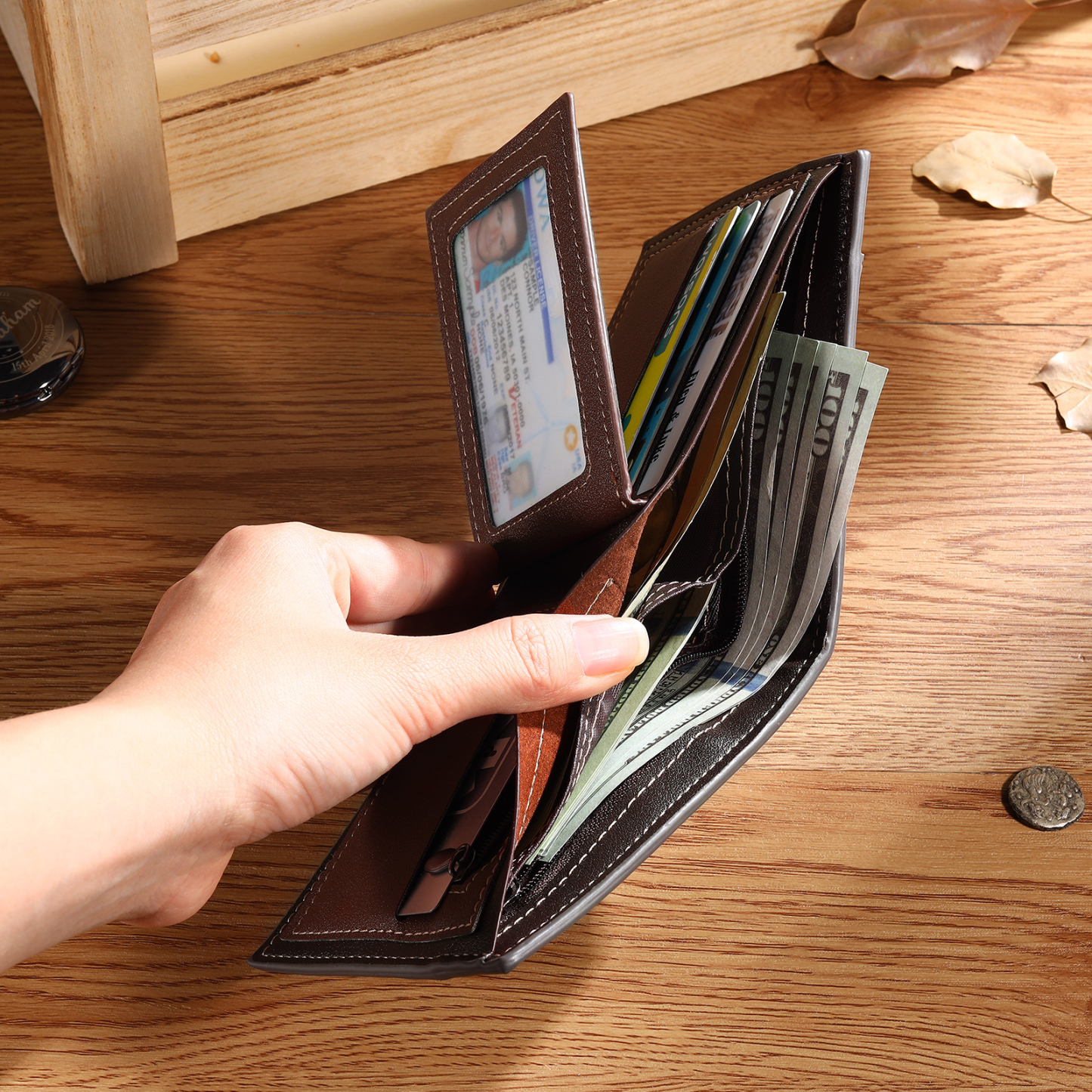 Personalised Men's Leather Wallet with Custom Photo & Name & Letter - Christmas Gift for Dad/Grandad | Jessemade