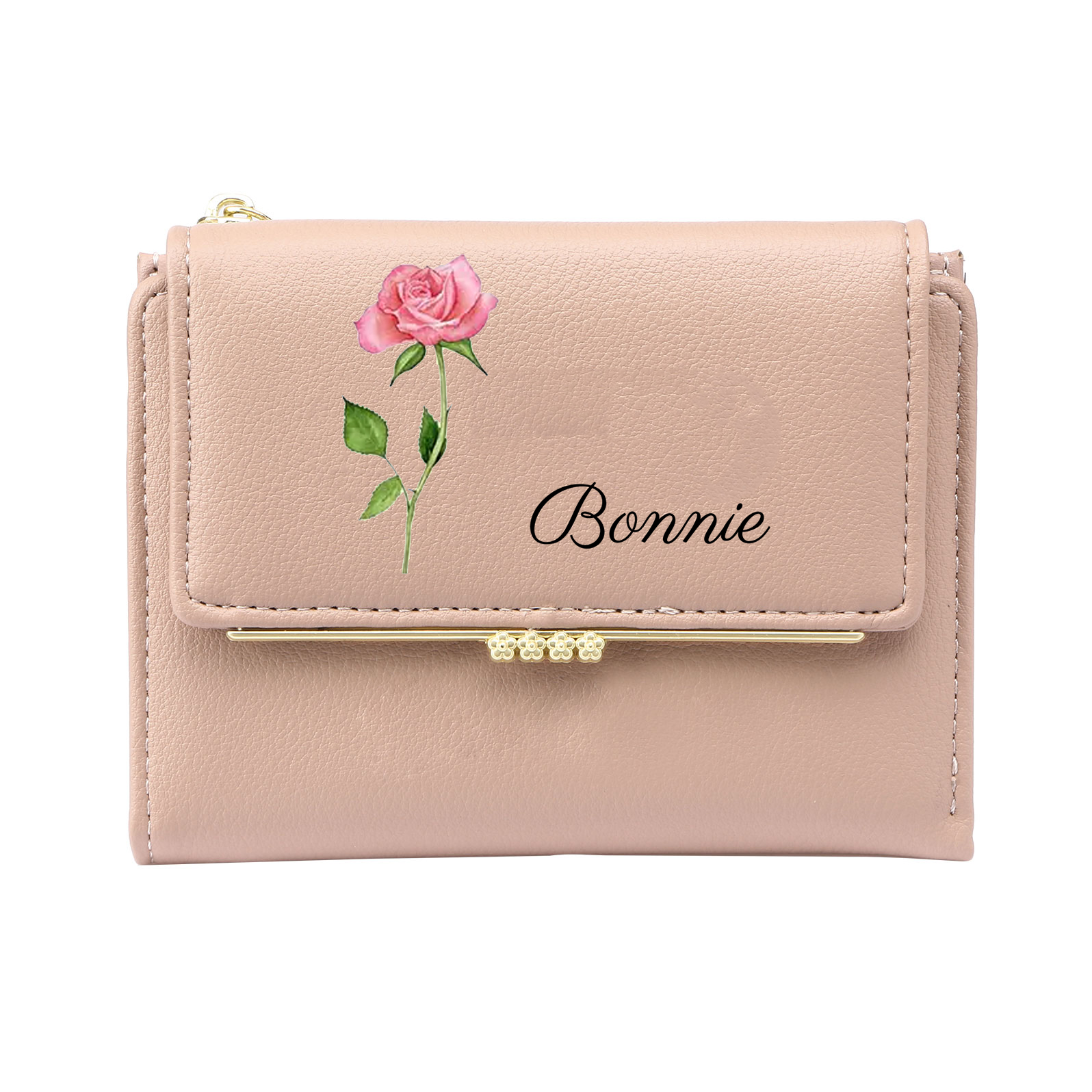 Personalized Women's Wallet with Custom 1 Name & Photo & Birth Flower - Leather Folding Zipper Wallet for Her | Jessmade
