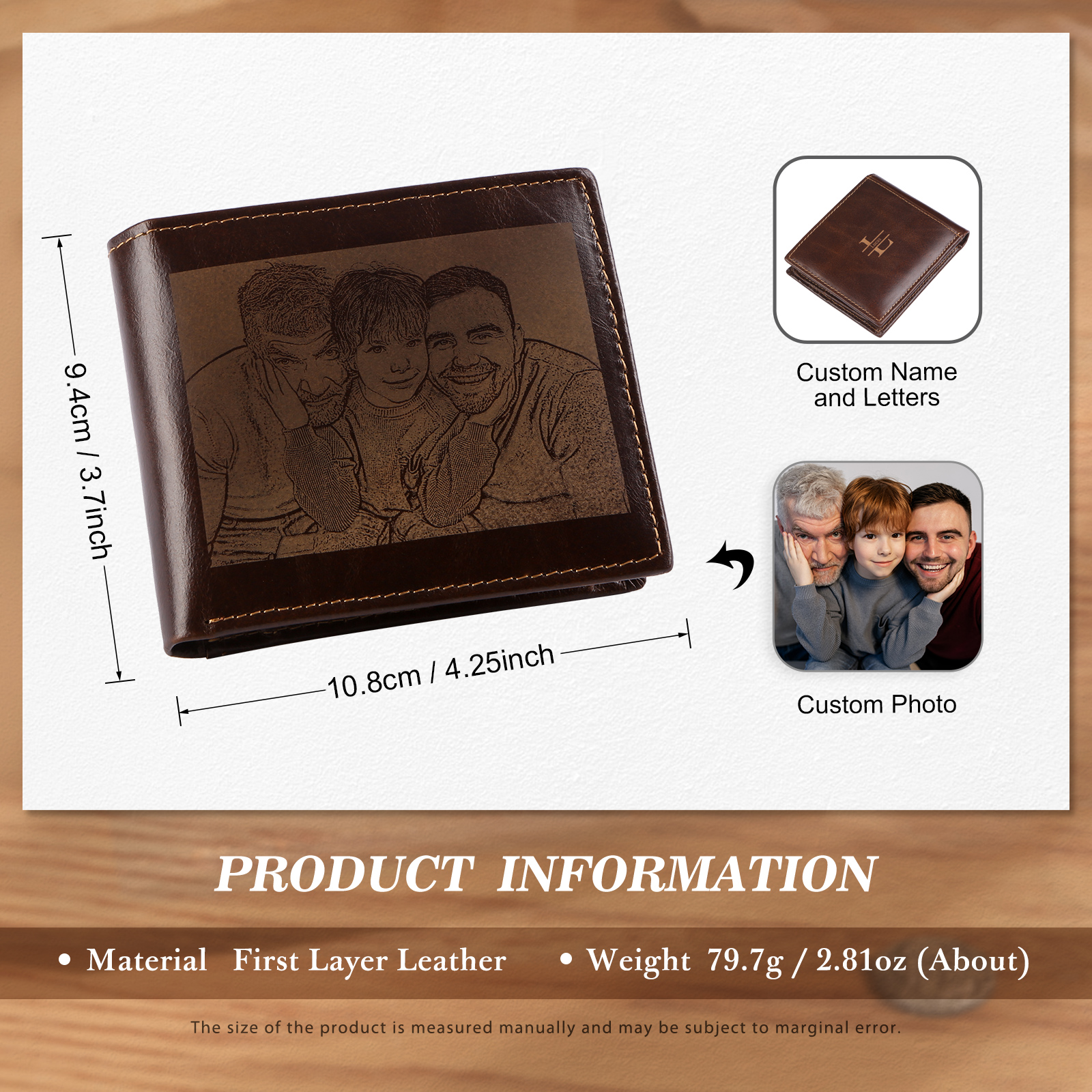 Personalised Men's Genuine Leather Wallet with Custom Photo, Name, and Letters – Christmas Gift for Dad/Grandpa/Husband | Jessemade