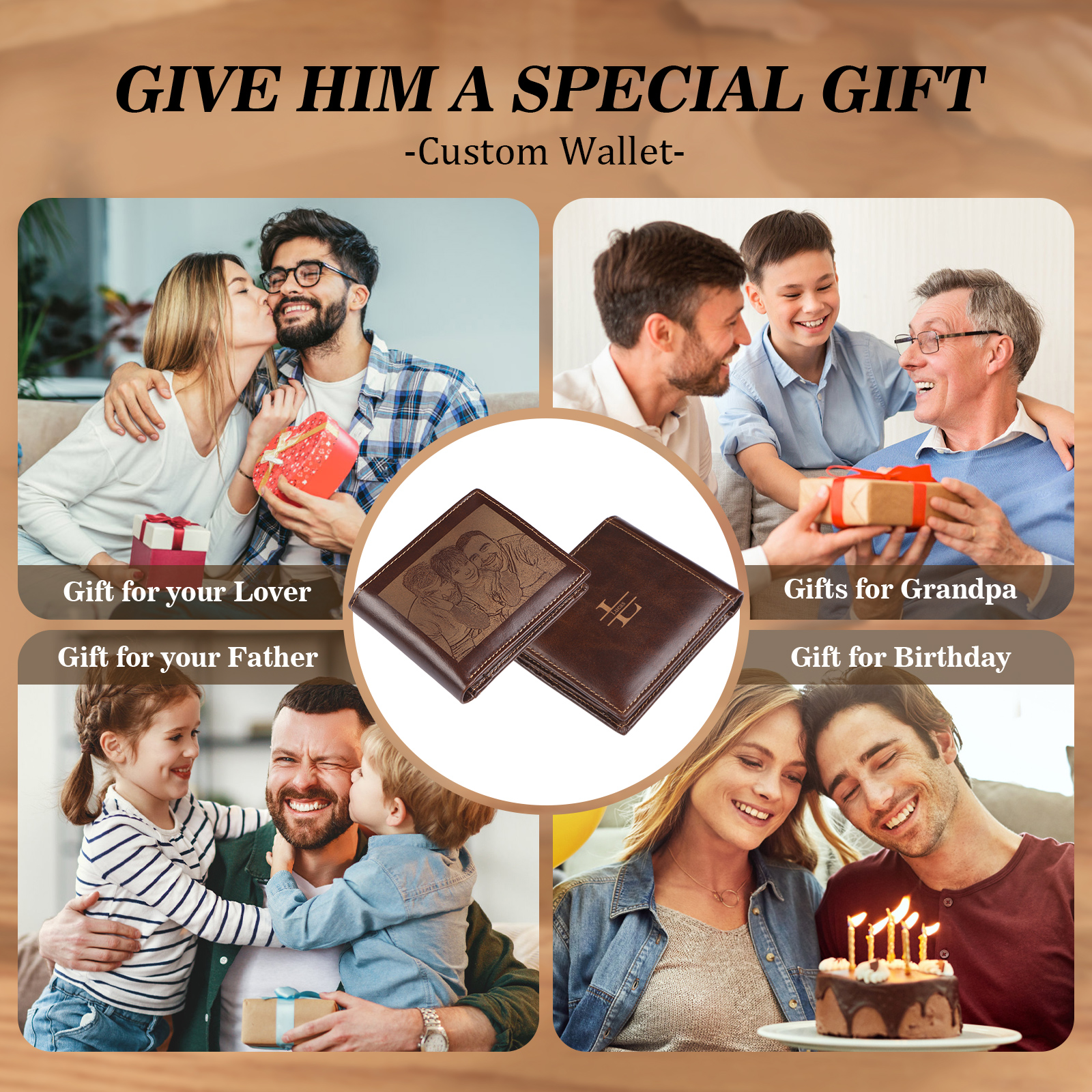 Personalised Men's Genuine Leather Wallet with Custom Photo, Name, and Letters – Christmas Gift for Dad/Grandpa/Husband | Jessemade