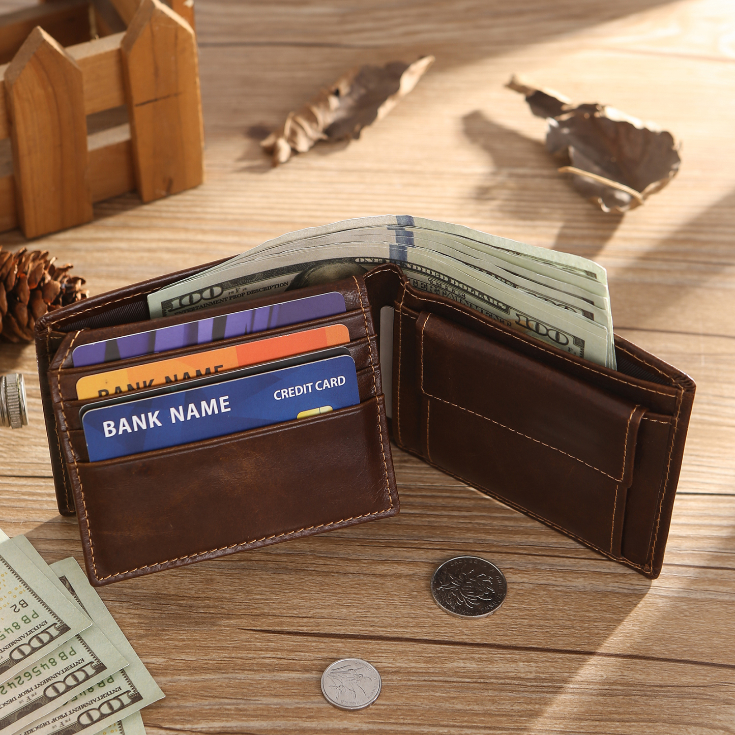Personalised Men's Genuine Leather Wallet with Custom Photo, Name, and Letters – Christmas Gift for Dad/Grandpa/Husband | Jessemade