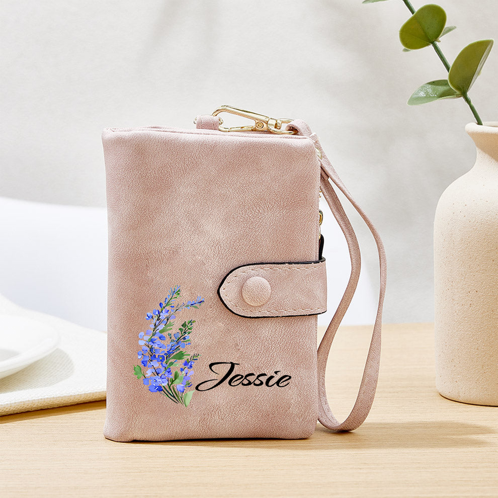 Personalised Women's Purse with Custom Name and Birth Flower – Pink Wallet , Christmas Gift for Her | Jessemade