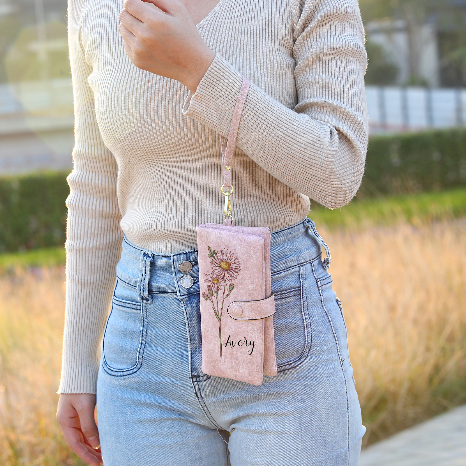 Personalised Women’s Wallet – Custom Name & Birth Flower Design, Seven colours – Valentine’s Day Gift for Her | Jessemade