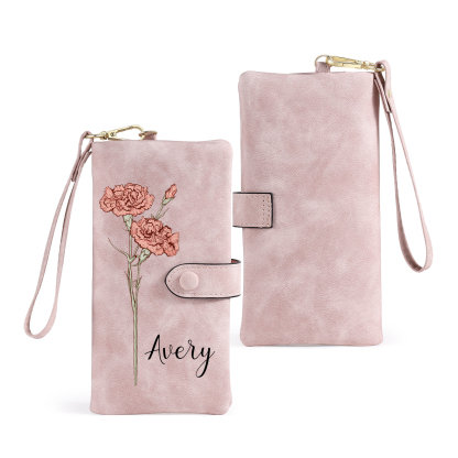 Personalised Women’s Wallet – Custom Name & Birth Flower Design, Seven colours – Valentine’s Day Gift for Her | Jessemade