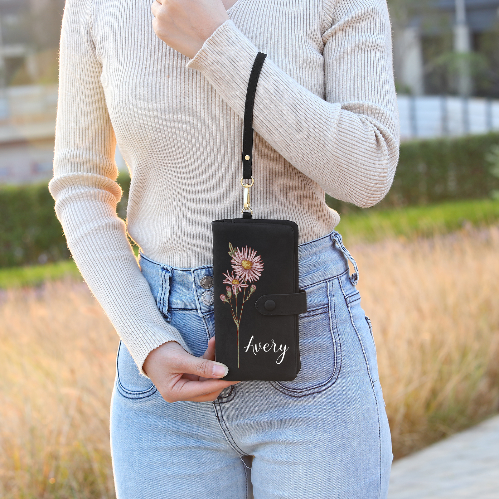 Personalised Women’s Wallet – Custom Name & Birth Flower Design, Seven Colours Available – Valentine’s Day Gift for Her | Jessemade