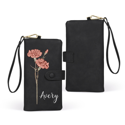 Personalised Women’s Wallet – Custom Name & Birth Flower Design, Seven Colours Available – Valentine’s Day Gift for Her | Jessemade