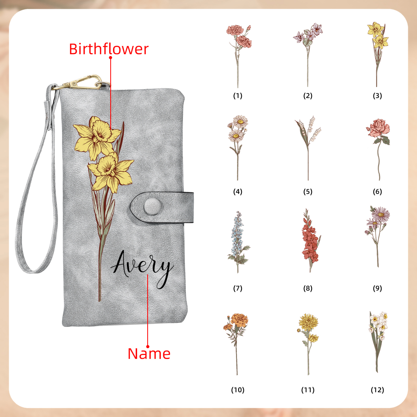 Personalised Women’s Wallet – Custom Name & Birth Flower Design, Seven Colours Available – Valentine’s Day Gift for Her | Jessemade