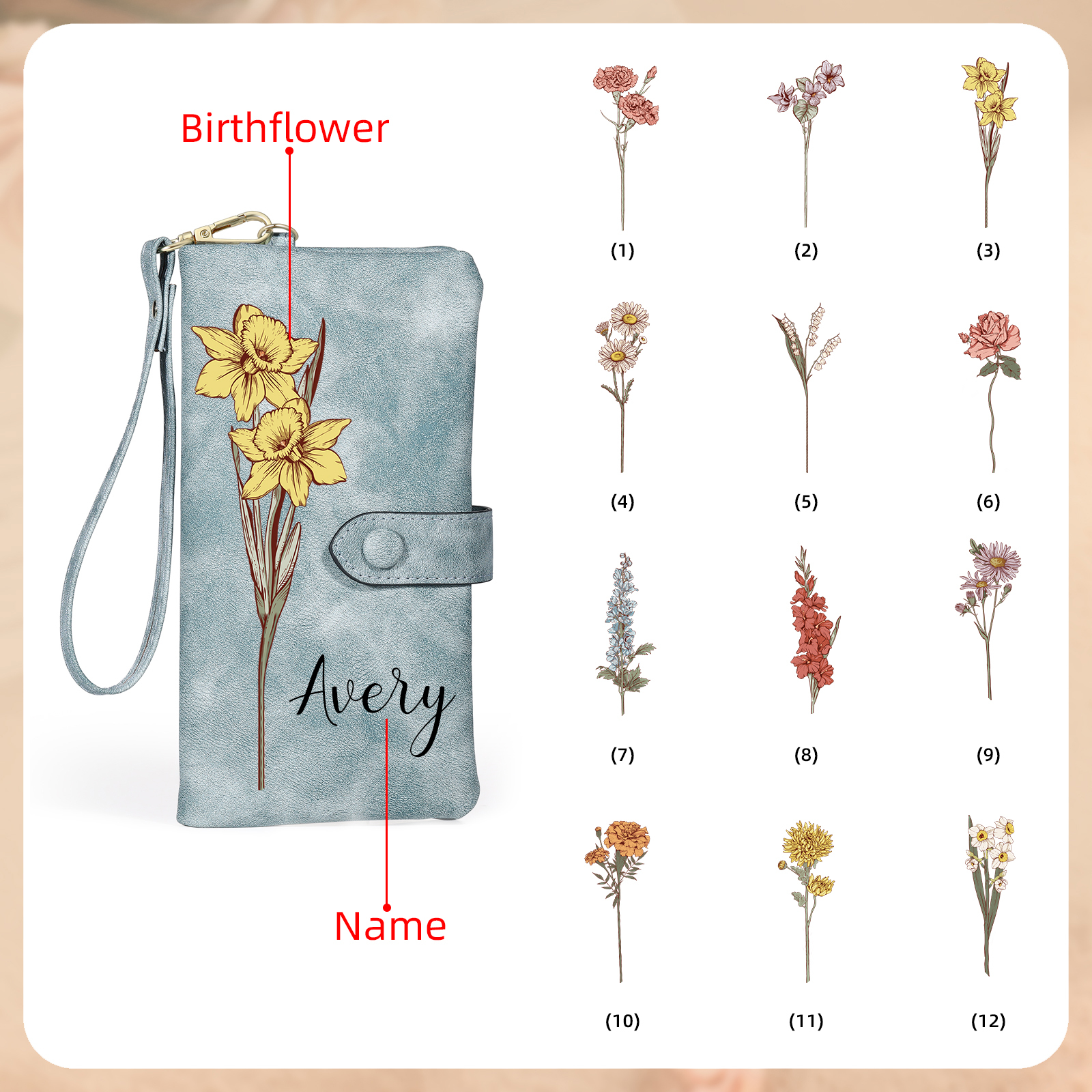 Personalised Women’s Wallet – Custom Name & Birth Flower Design, Seven Colours Available – Valentine’s Day Gift for Her | Jessemade