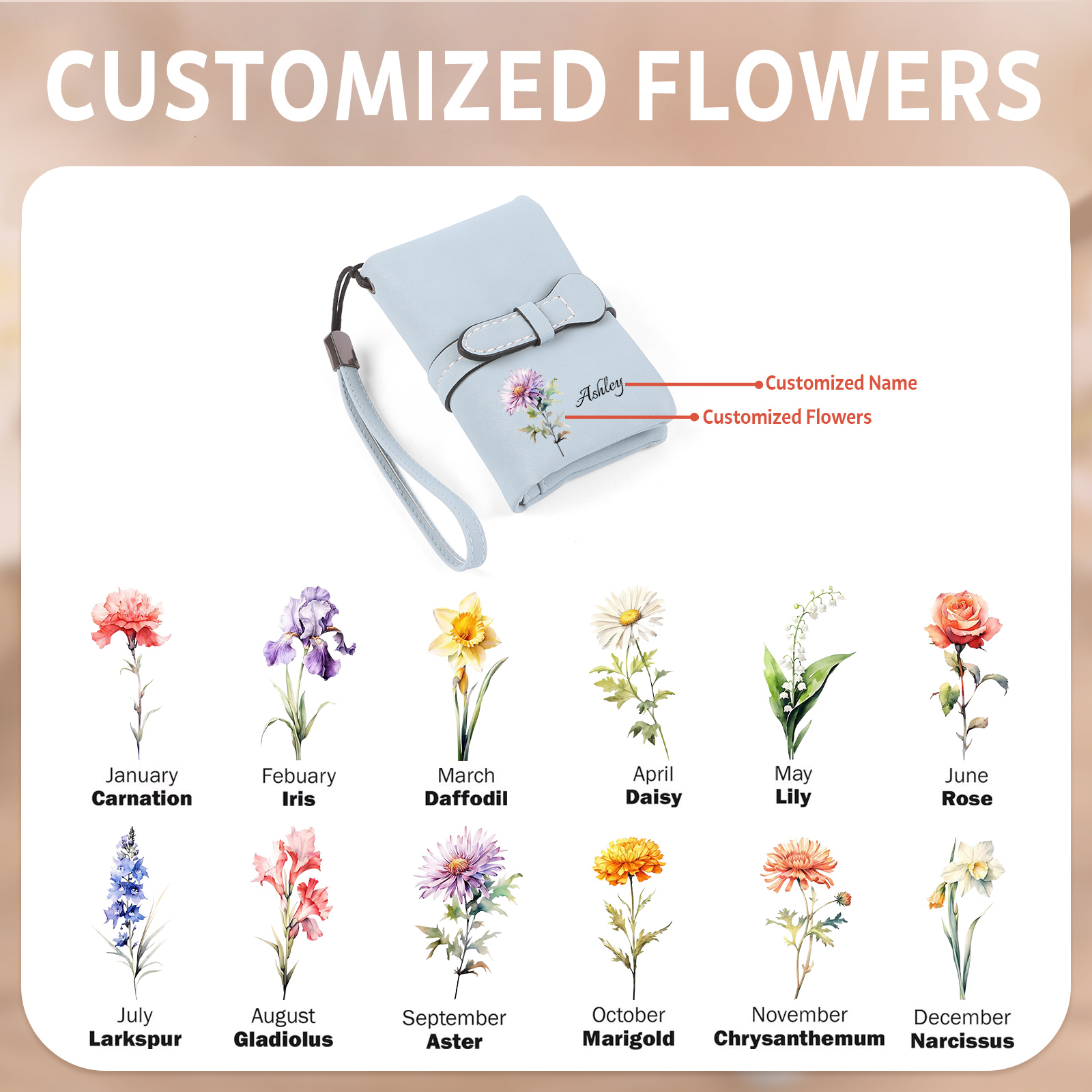 Personalised Women's Wallet with Custom Name & Birth Flower –  Unique Mother's Day Gifts for Her | Jessemade
