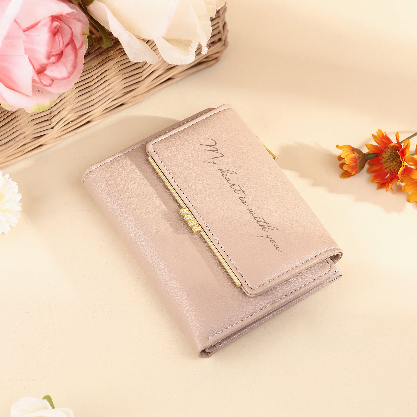 Personalised Women’s Wallet with Custom 2 Names, 1 Date, Text & Heart Gesture Design – Valentine’s Day Gift for Her | Jessemade