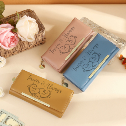 Personalised Women’s Wallet – Custom Names, Photo, Text & “Forever & Always” Heart Engraving – Valentine’s Day Gift for Her | Jessemade