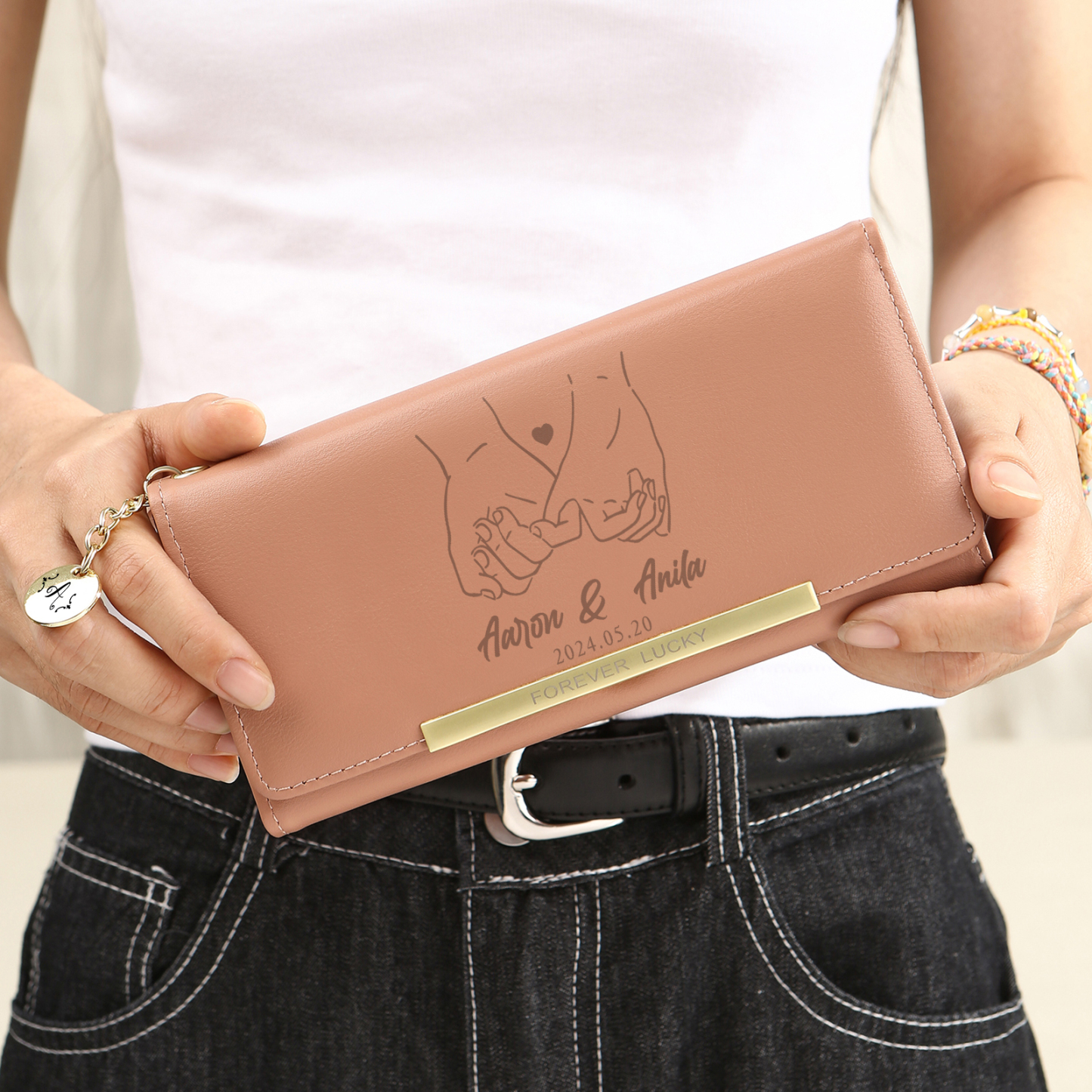 Personalised Women’s Wallet – Custom Names, Photo, Date, Initial Charm & “Forever Lucky” Engraving – Valentine’s Day Gift for Her | Jessemade