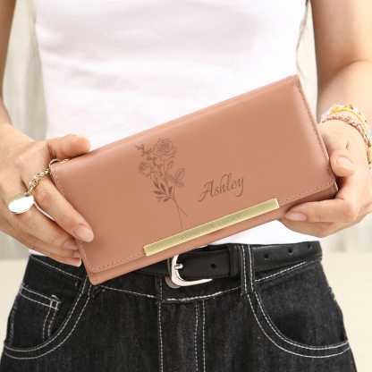 Personalised Women’s Wallet – Custom Birth Flower, Name & “Forever Lucky” Engraving – Valentine’s Day Gift for Her | Jessemade