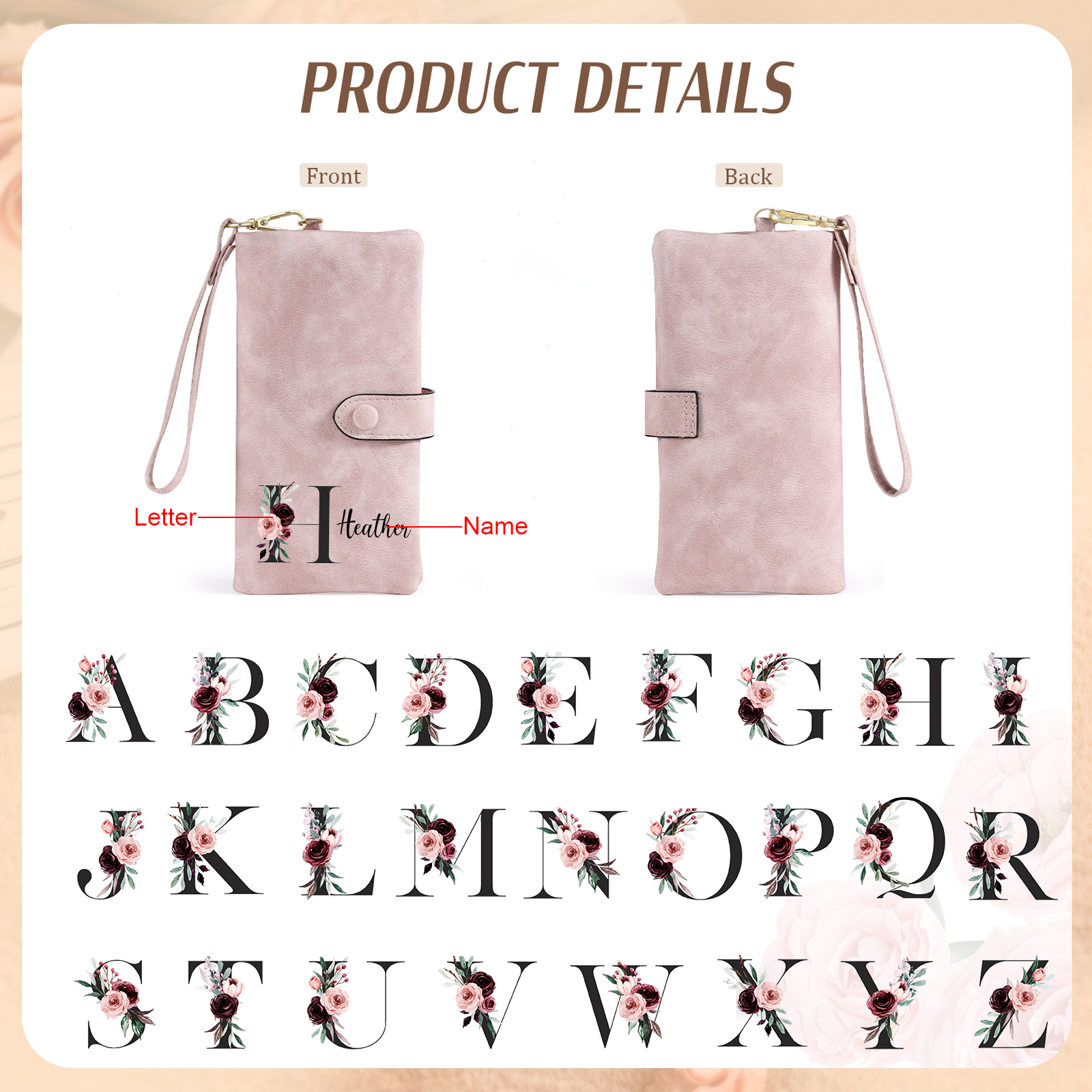 Personalised Women's Wallet with Floral Initial & Name – Elegant PU Leather – Unique Mother's Day Gifts for Her | Jessemade