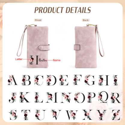 Personalised Women's Wallet with Floral Initial & Name – Elegant PU Leather – Unique Mother's Day Gifts for Her | Jessemade