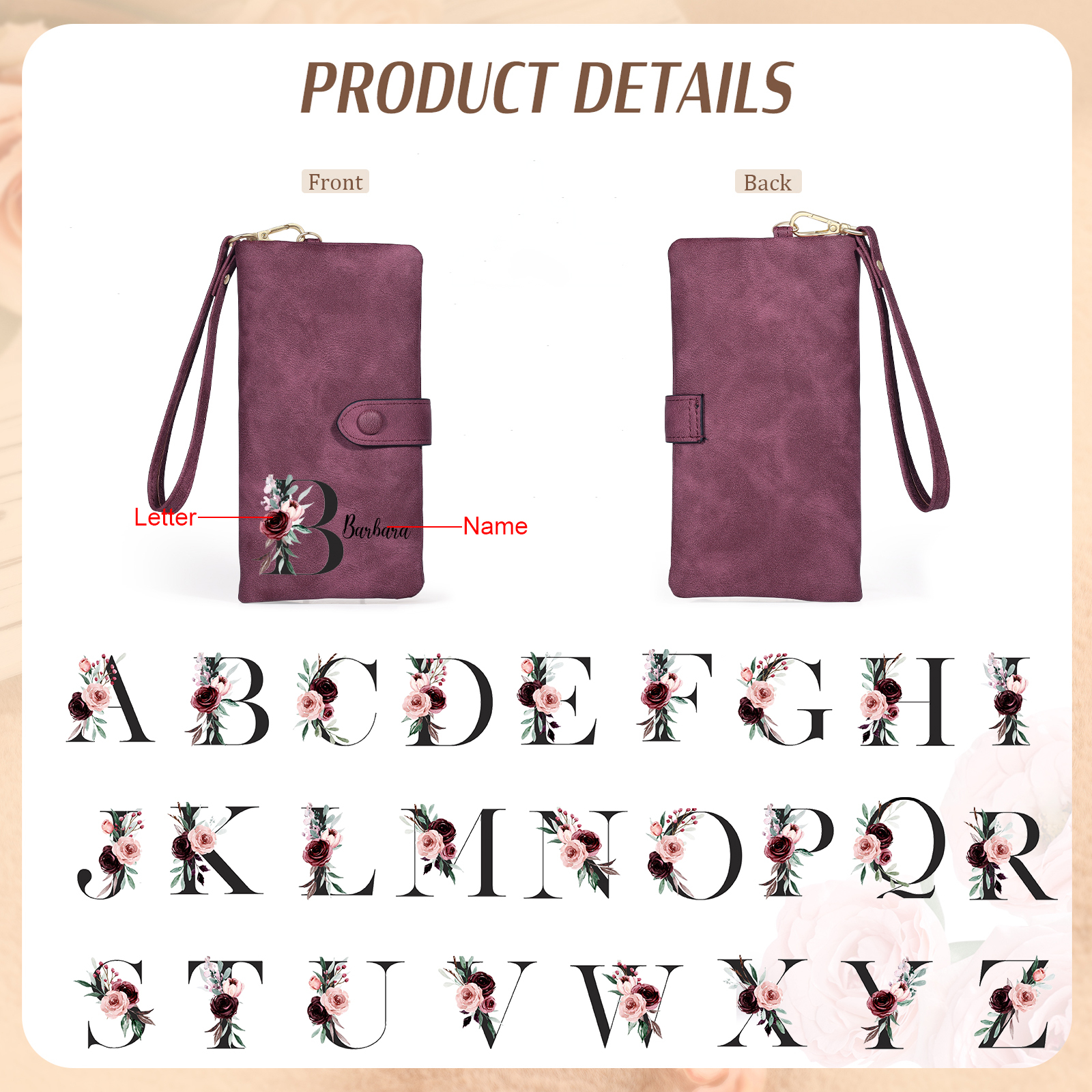 Personalised Women's Wallet with Floral Initial & Name – Elegant PU Leather – Unique Mother's Day Gifts for Her | Jessemade