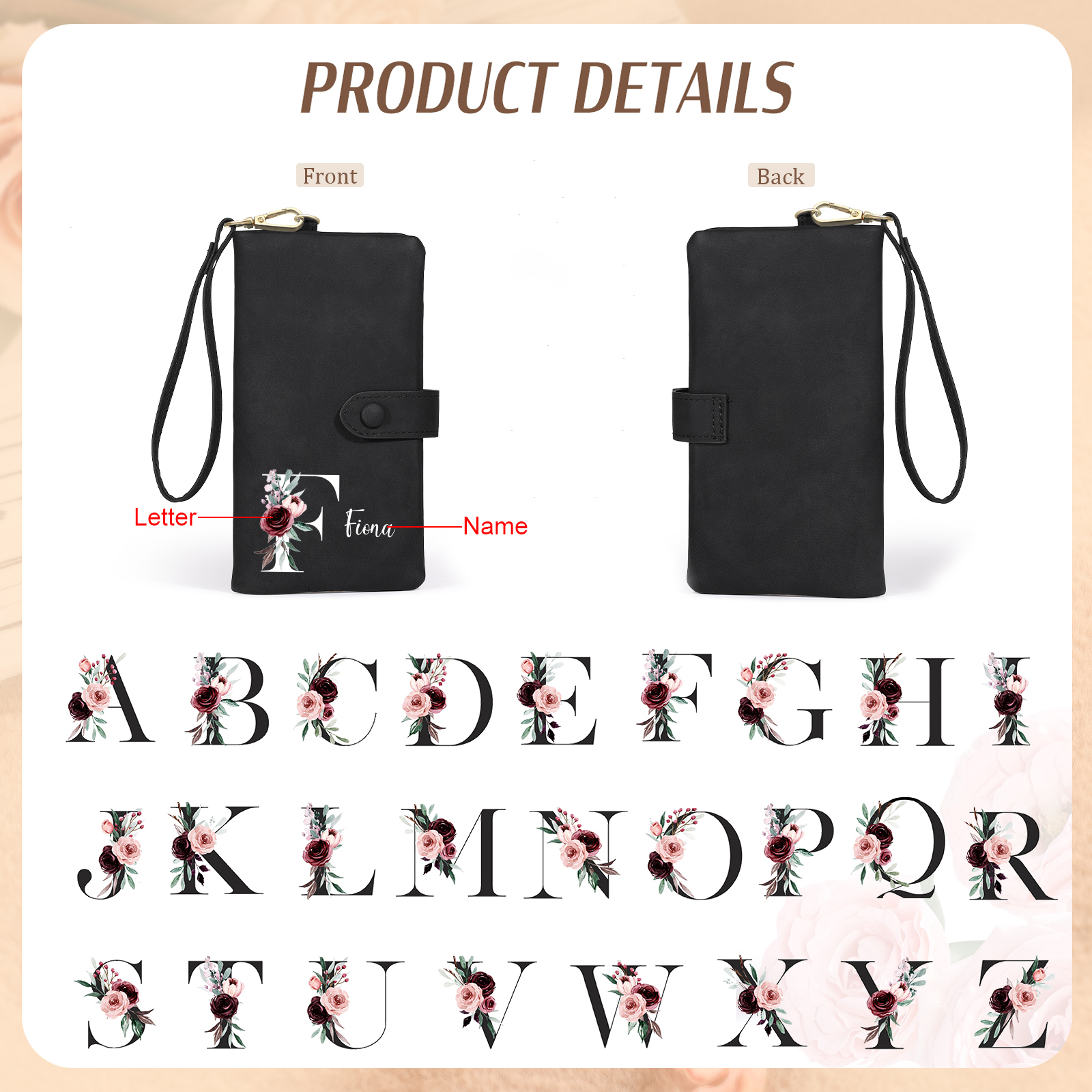 Personalised Women's Wallet with Floral Initial & Name – Elegant PU Leather – Unique Mother's Day Gifts for Her | Jessemade