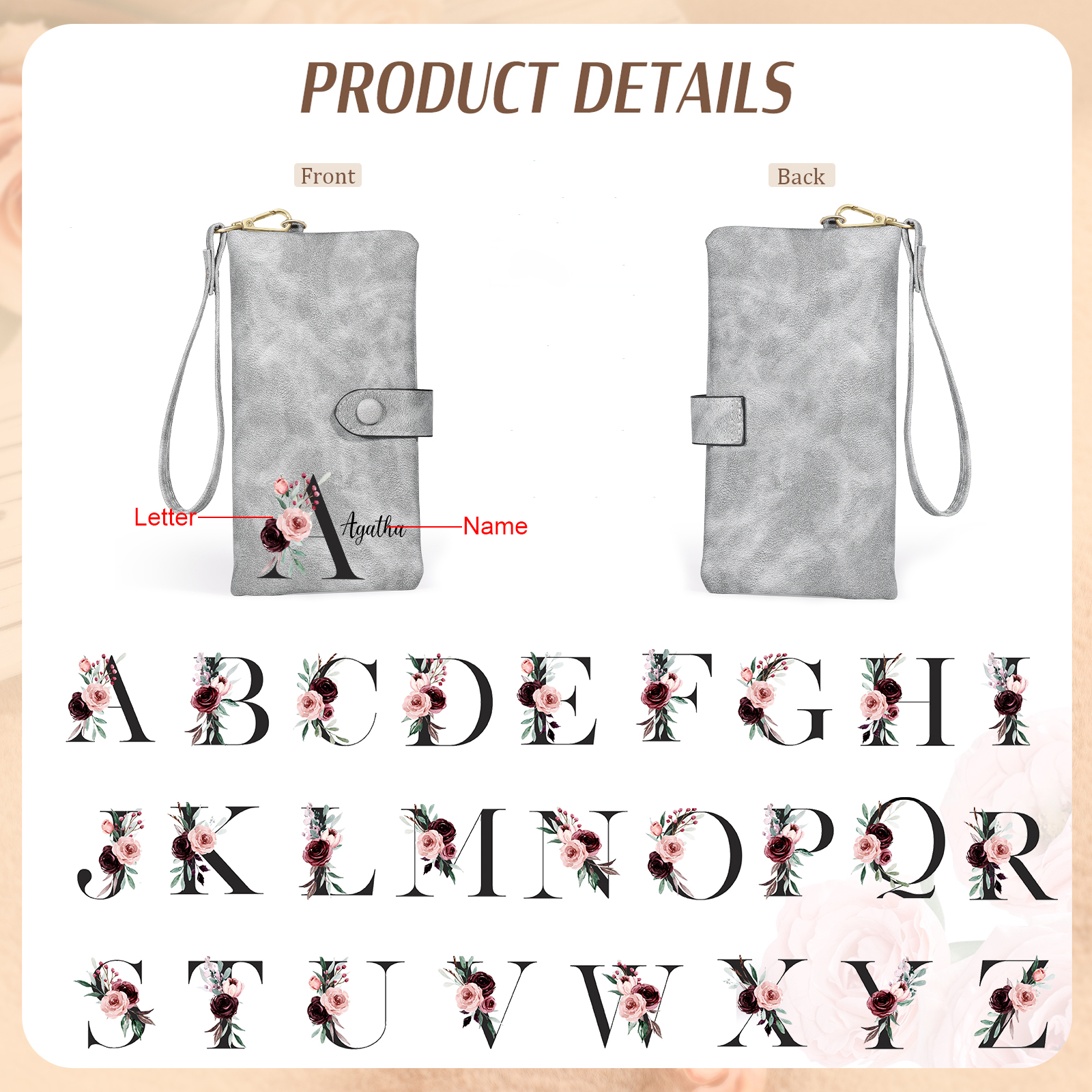 Personalised Women's Wallet with Floral Initial & Name – Elegant PU Leather – Unique Mother's Day Gifts for Her | Jessemade