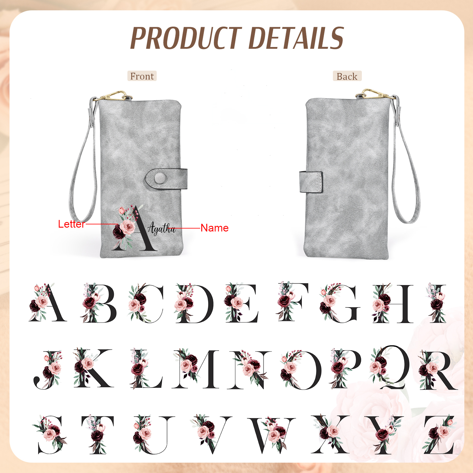 Personalised Women's Wallet with Floral Initial & Name – Elegant PU Leather – Unique Mother's Day Gifts for Her | Jessemade