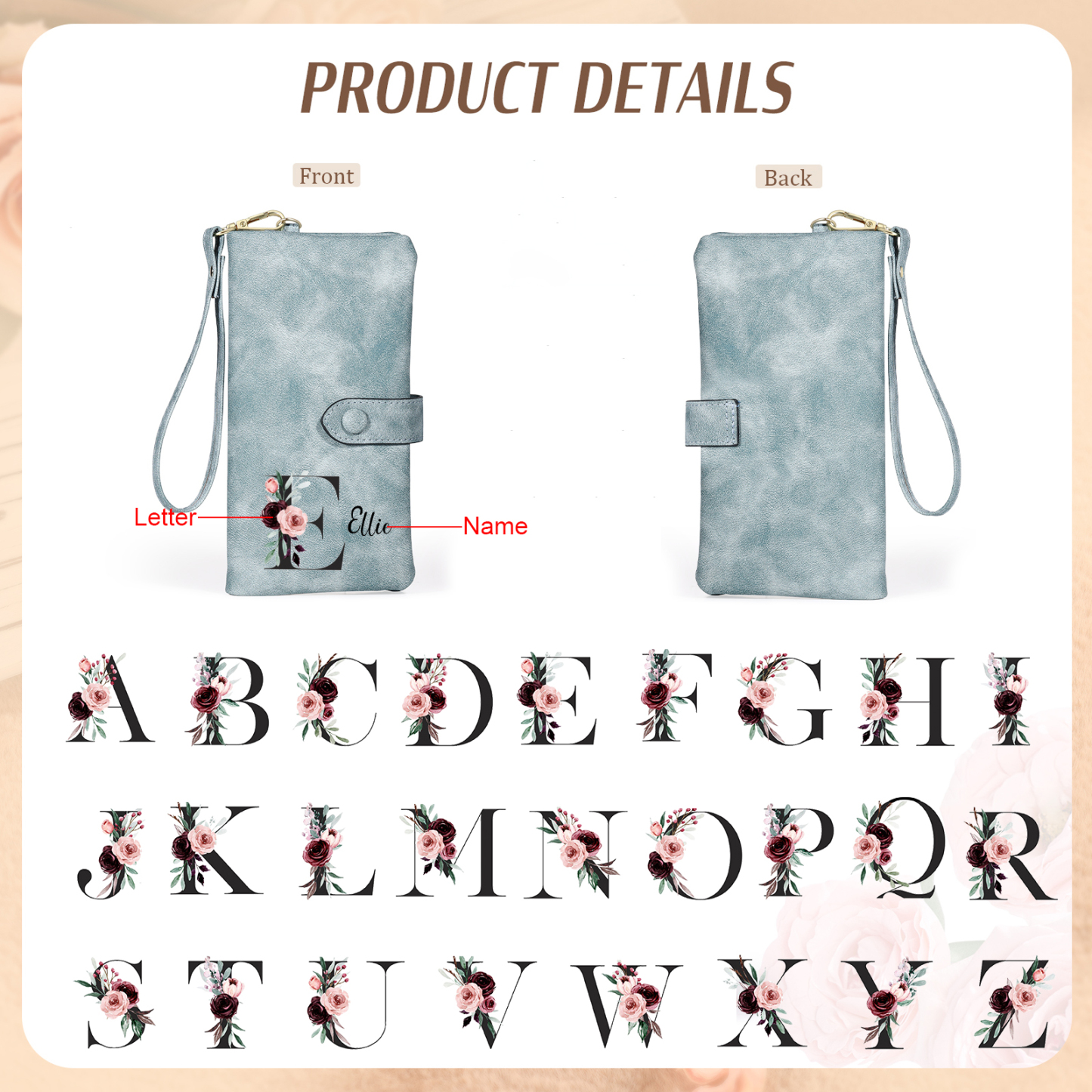 Personalised Women's Wallet with Floral Initial & Name – Elegant PU Leather – Unique Mother's Day Gifts for Her | Jessemade