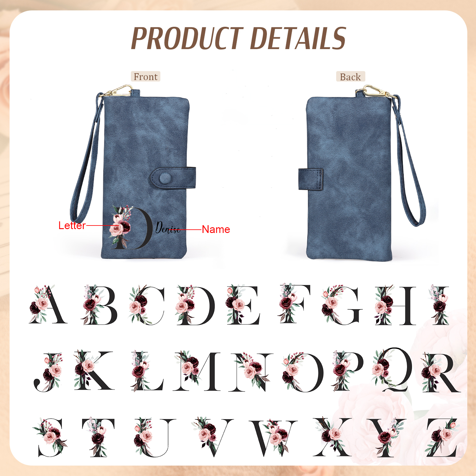 Personalised Women's Wallet with Floral Initial & Name – Elegant PU Leather – Unique Mother's Day Gifts for Her | Jessemade