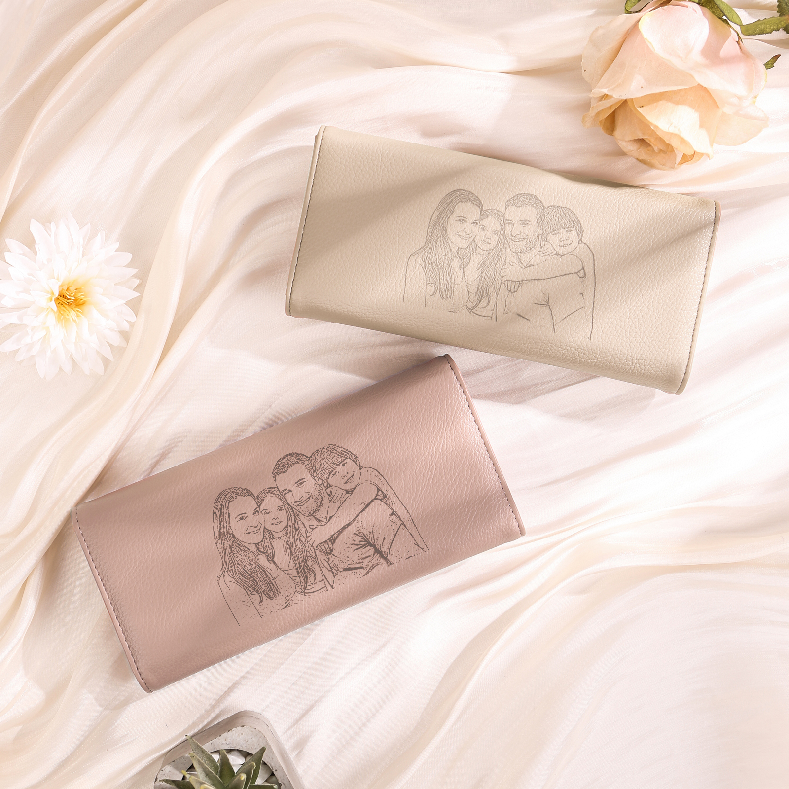 Personalised Leather Wallet Engraved Photo Long Wallet Folding Wallet With Gift Box For  Women 