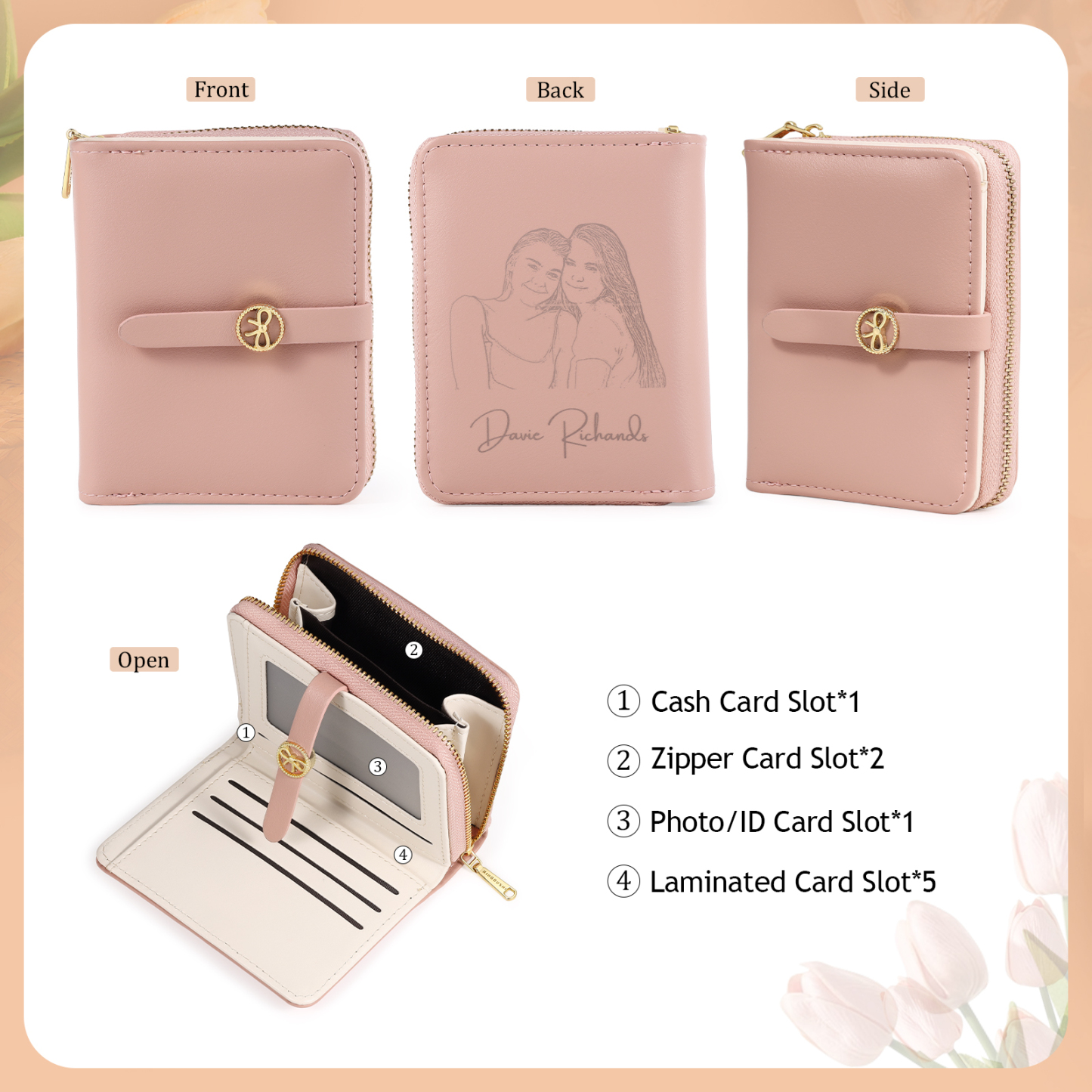 Personalised Leather Wallet Engraved Photo Short Wallet, Custom Text Folding Wallet Gifts For Her | Jessemade