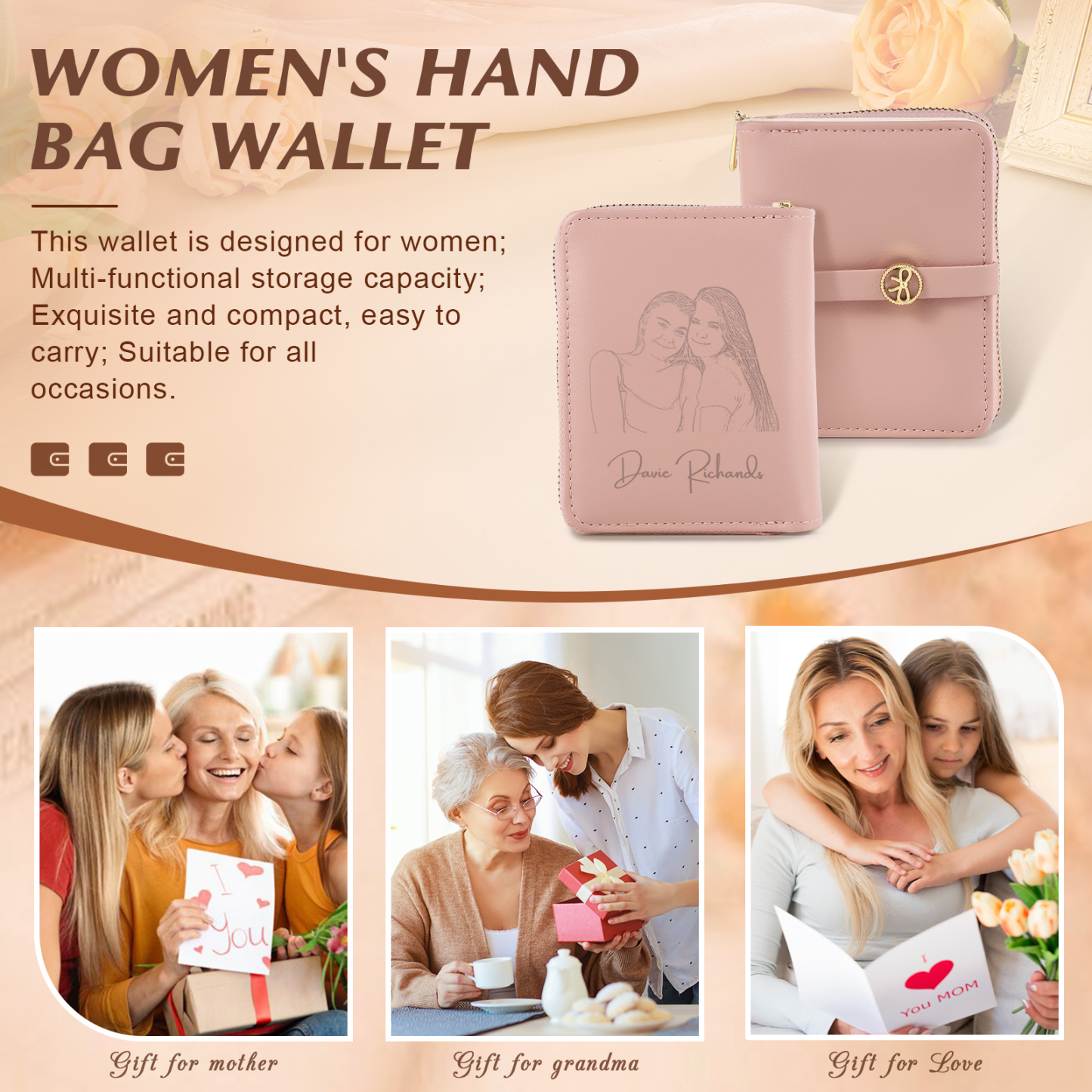 Personalised Leather Wallet Engraved Photo Short Wallet, Custom Text Folding Wallet Gifts For Her | Jessemade