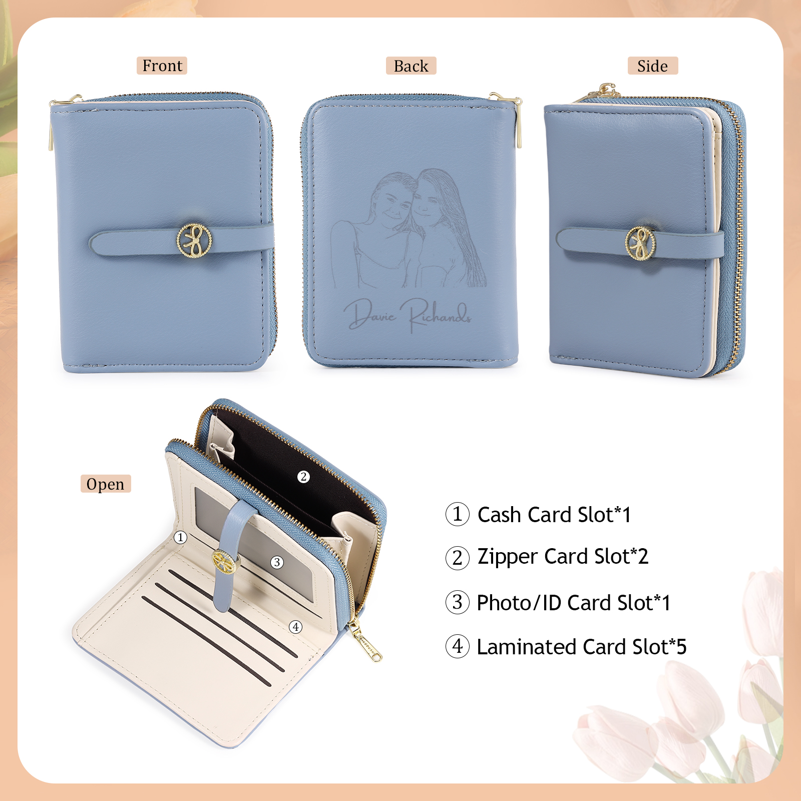 Personalised Leather Wallet Engraved Photo Short Wallet, Custom Text Folding Wallet Gifts For Her | Jessemade