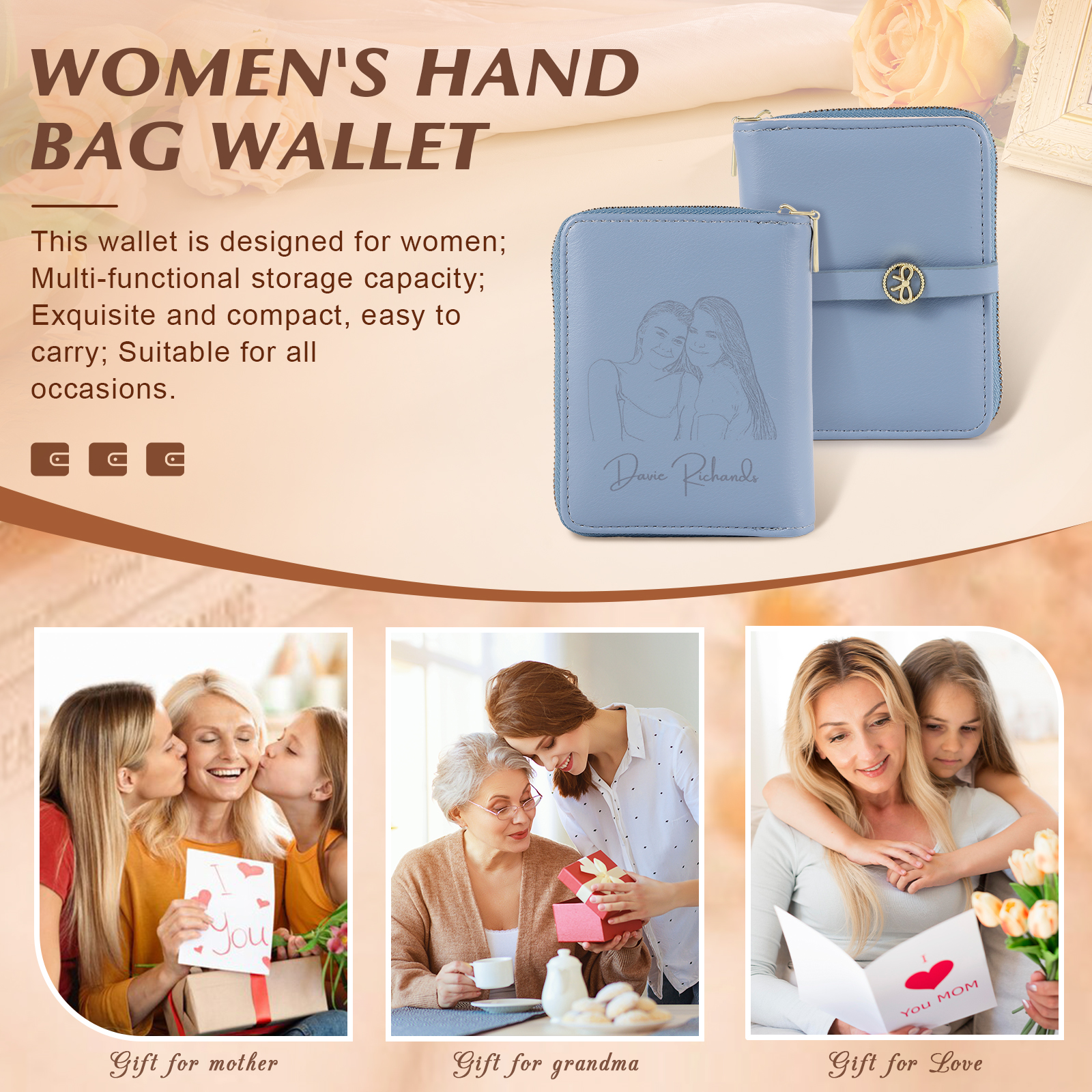 Personalised Leather Wallet Engraved Photo Short Wallet, Custom Text Folding Wallet Gifts For Her | Jessemade