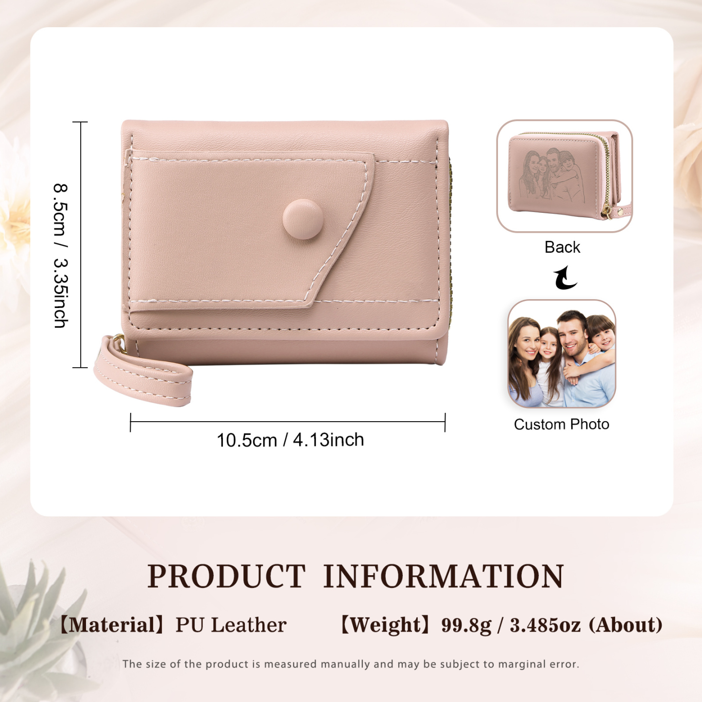Personalised PU Leather Short Purse, Engrave Photo Folding Wallet Gifts For Her | Jessemade