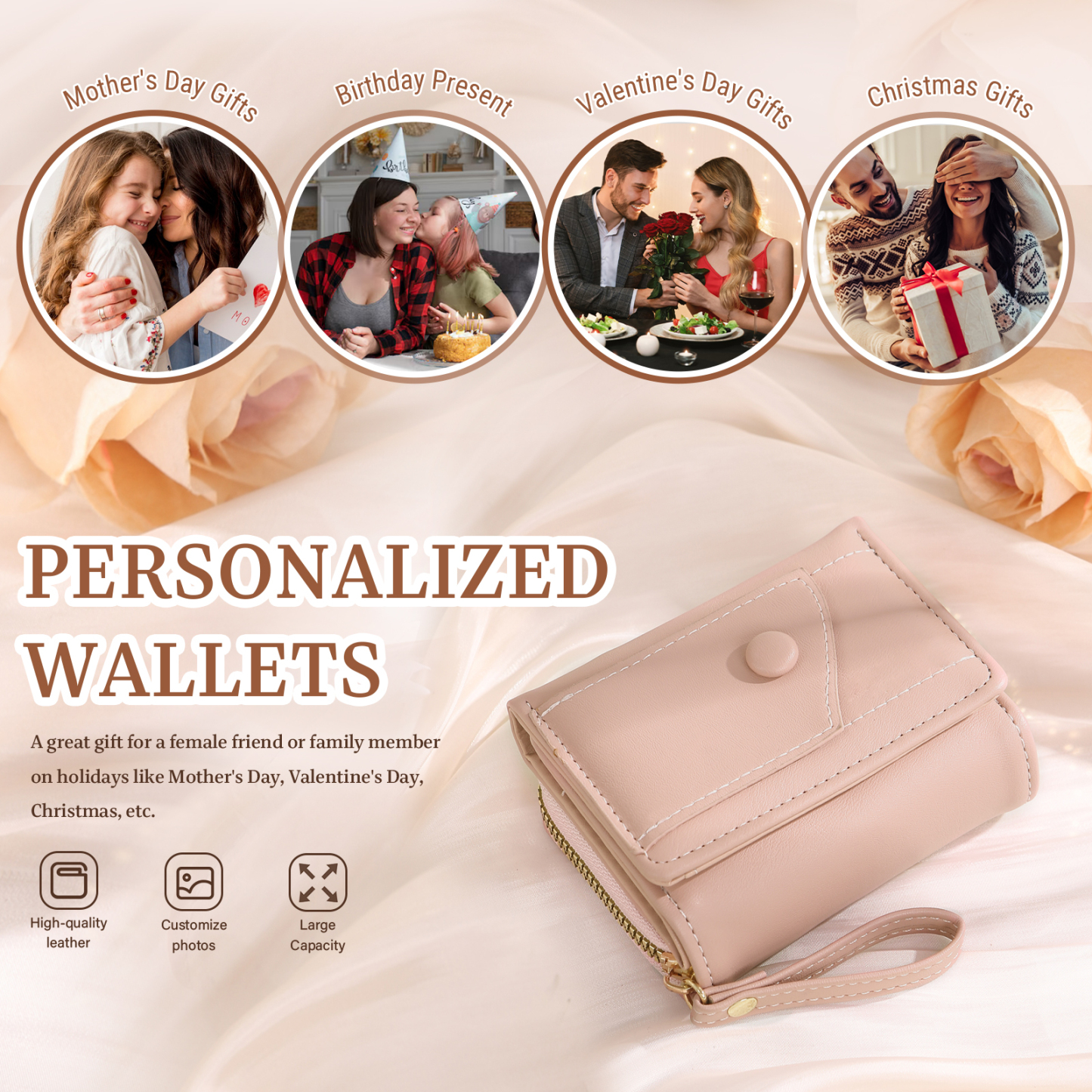 Personalised PU Leather Short Purse, Engrave Photo Folding Wallet Gifts For Her | Jessemade