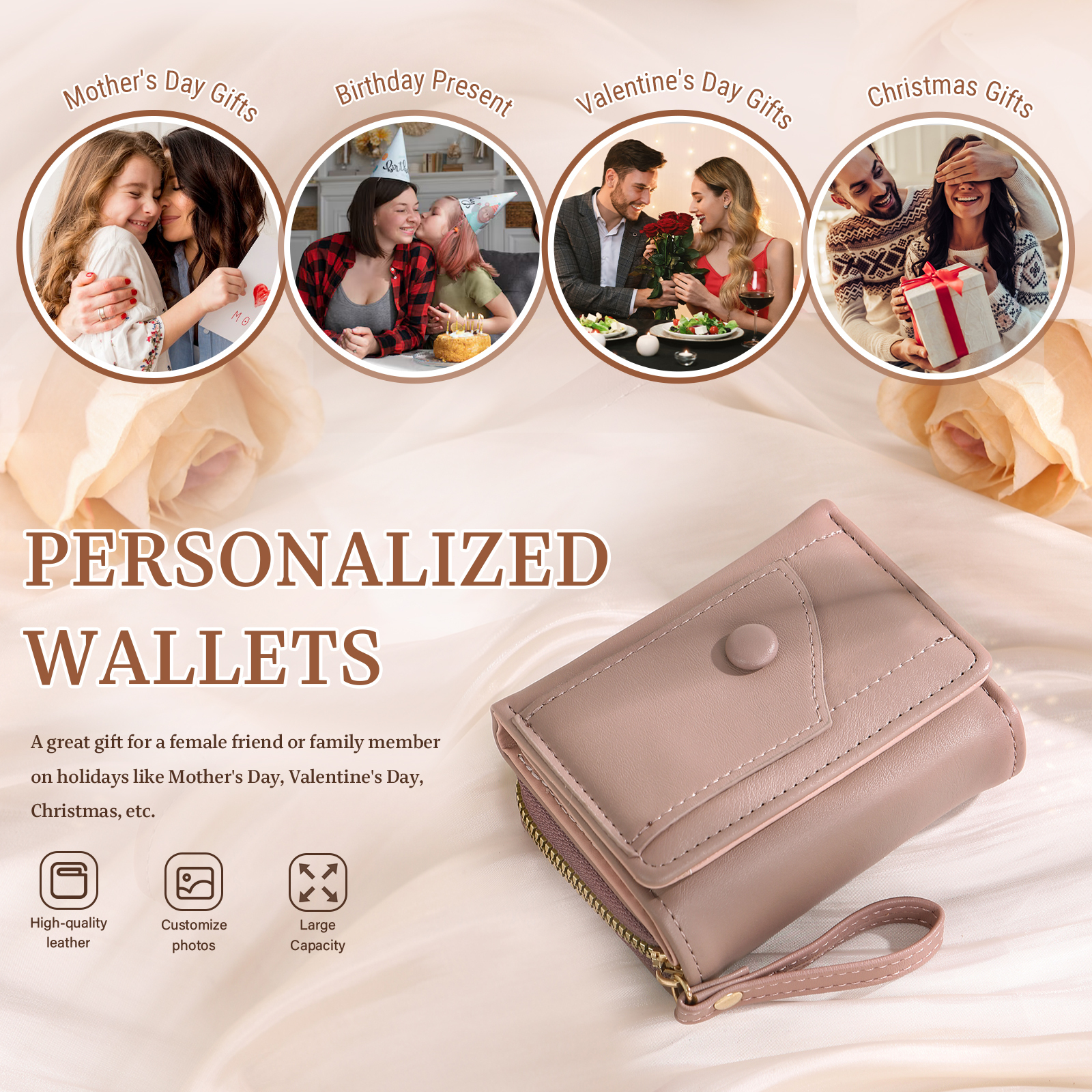 Personalised PU Leather Short Purse, Engrave Photo Folding Wallet Gifts For Her | Jessemade