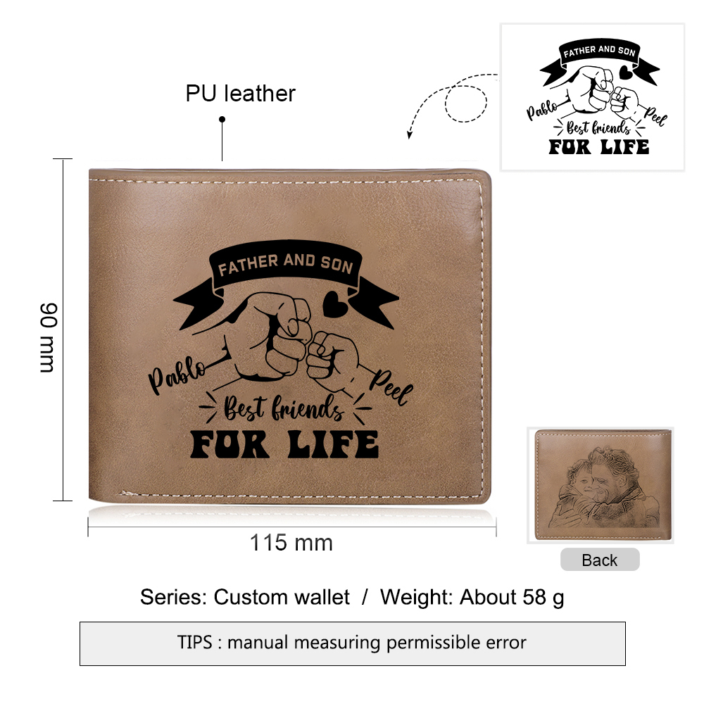 Personalised Photo & 2 Names Leather Wallet, Engraved Best Friends For Life Short Folding Wallet Gift For Dad | Jessemade
